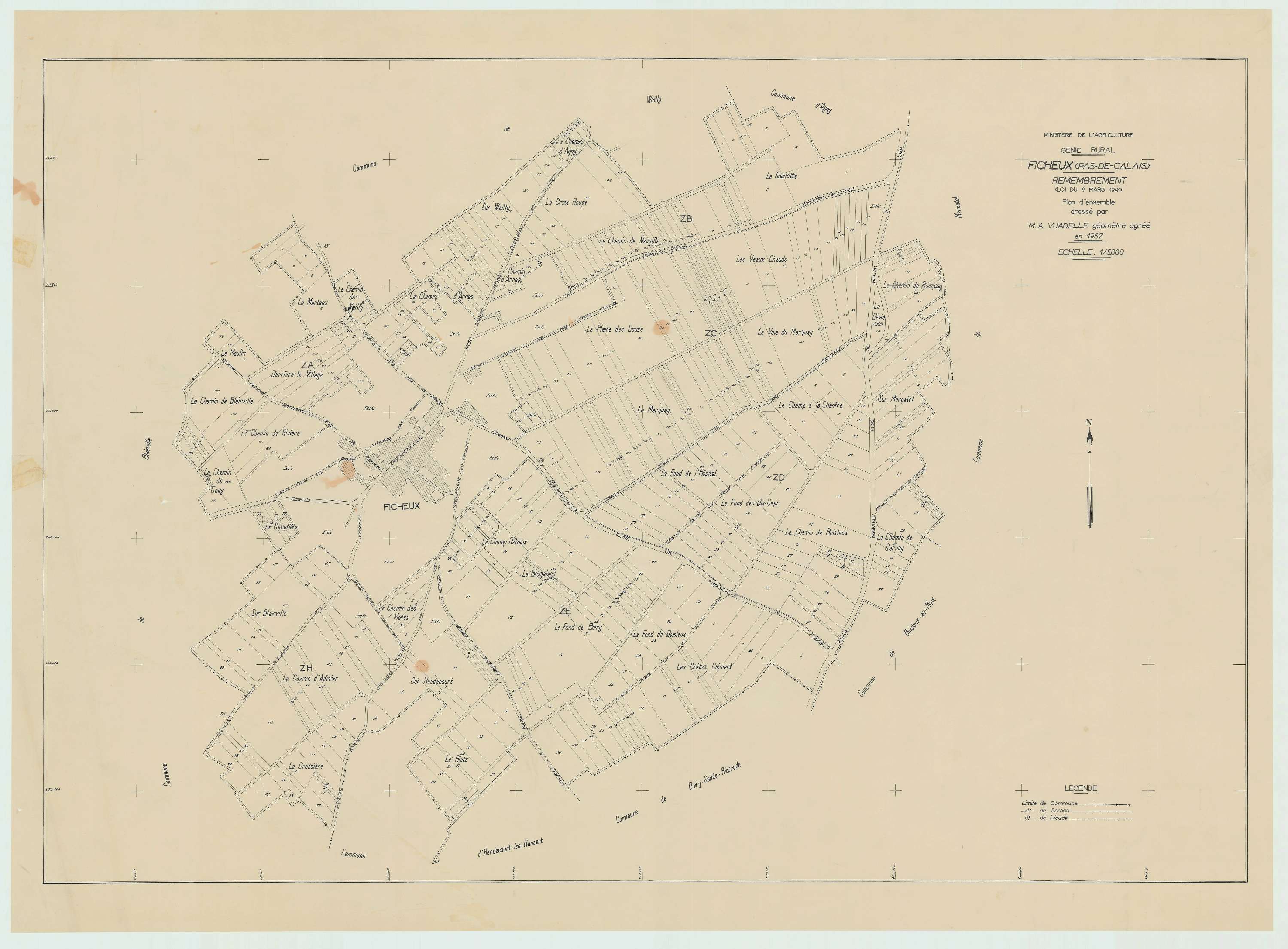 Ficheux - Plan cadastral : tableau d'assemblage postérieur au remembrement.