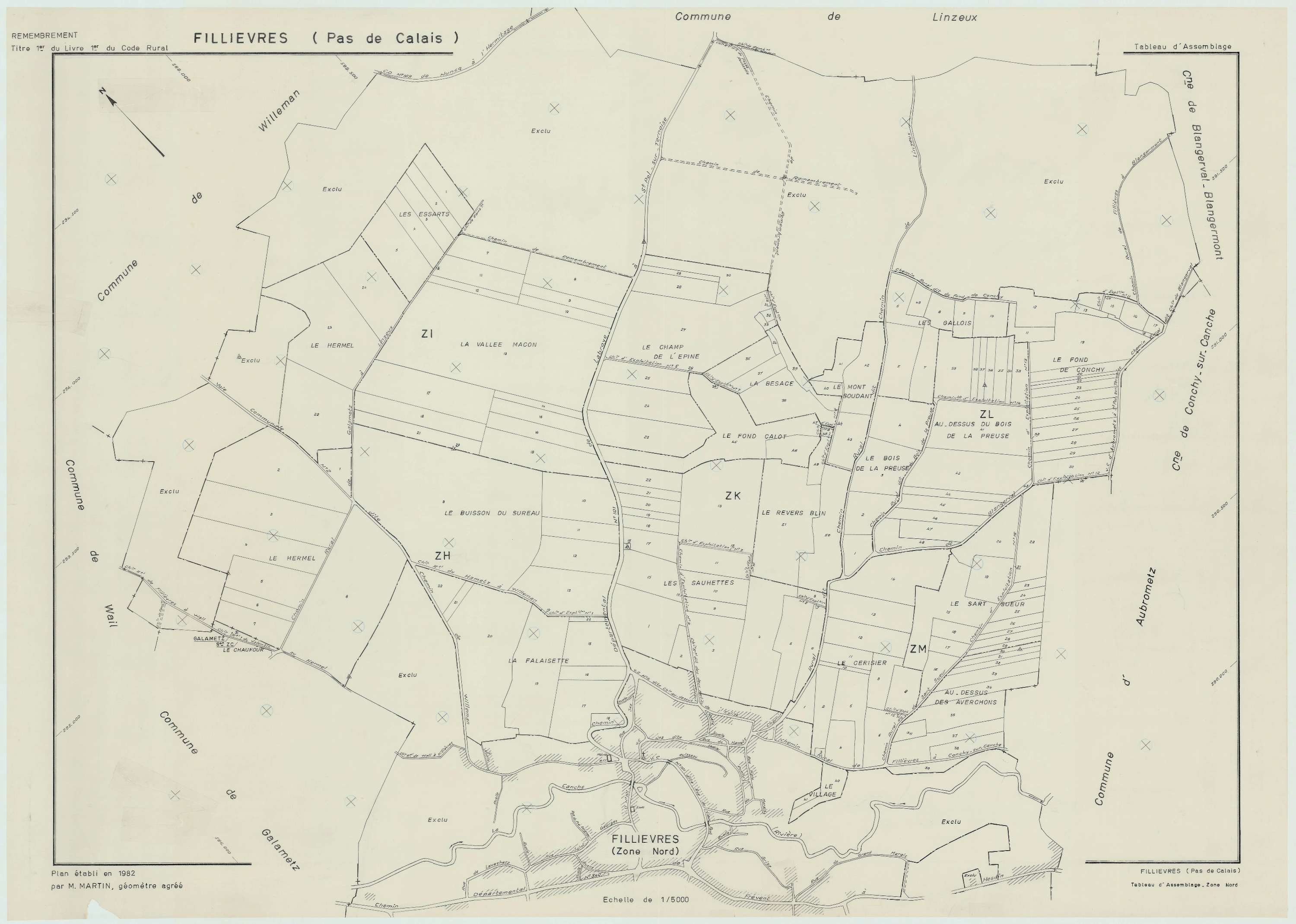 Fillièvres - Plan cadastral : tableau d'assemblage postérieur au remembrement.