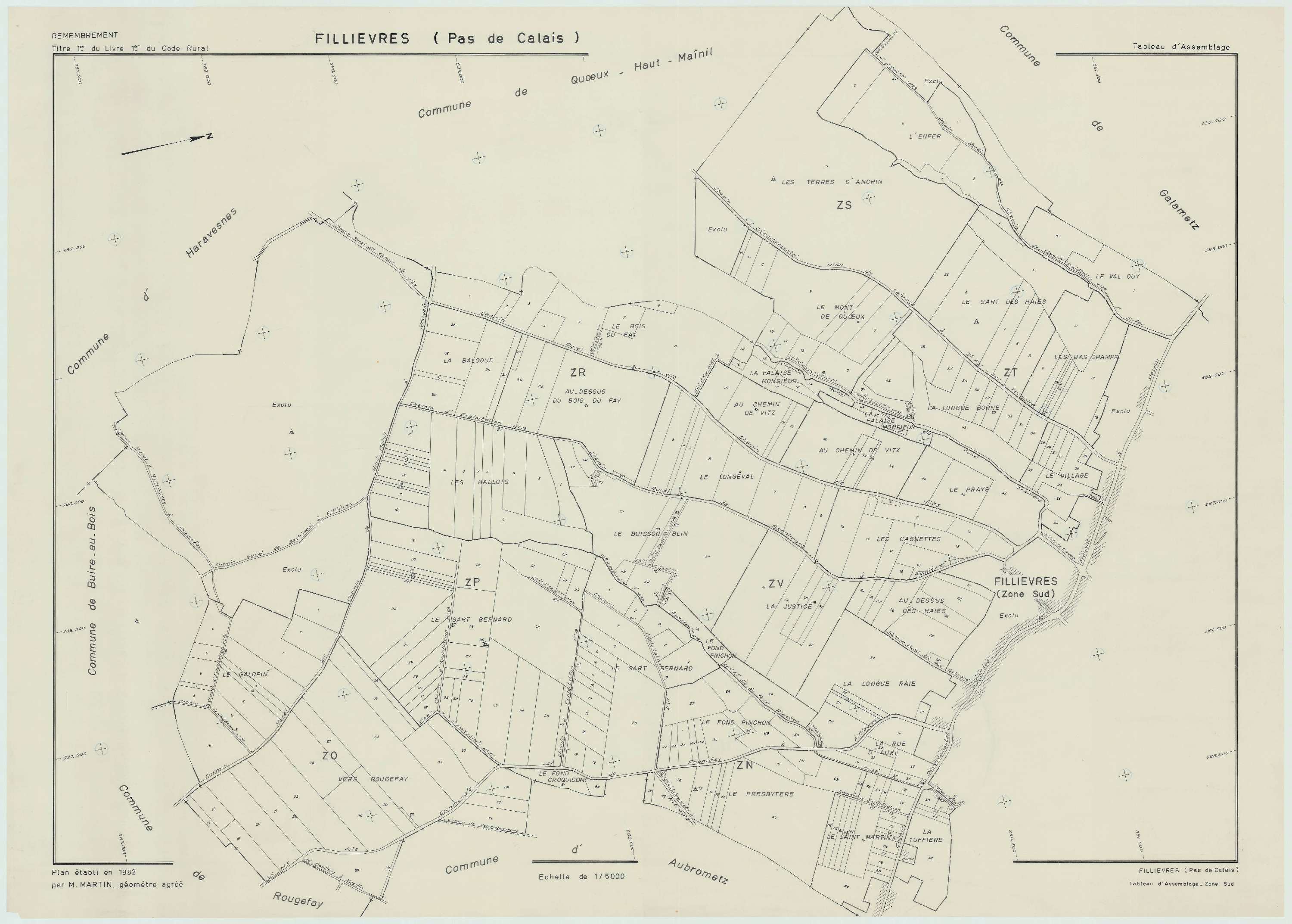 Fillièvres - Plan cadastral : tableau d'assemblage postérieur au remembrement.