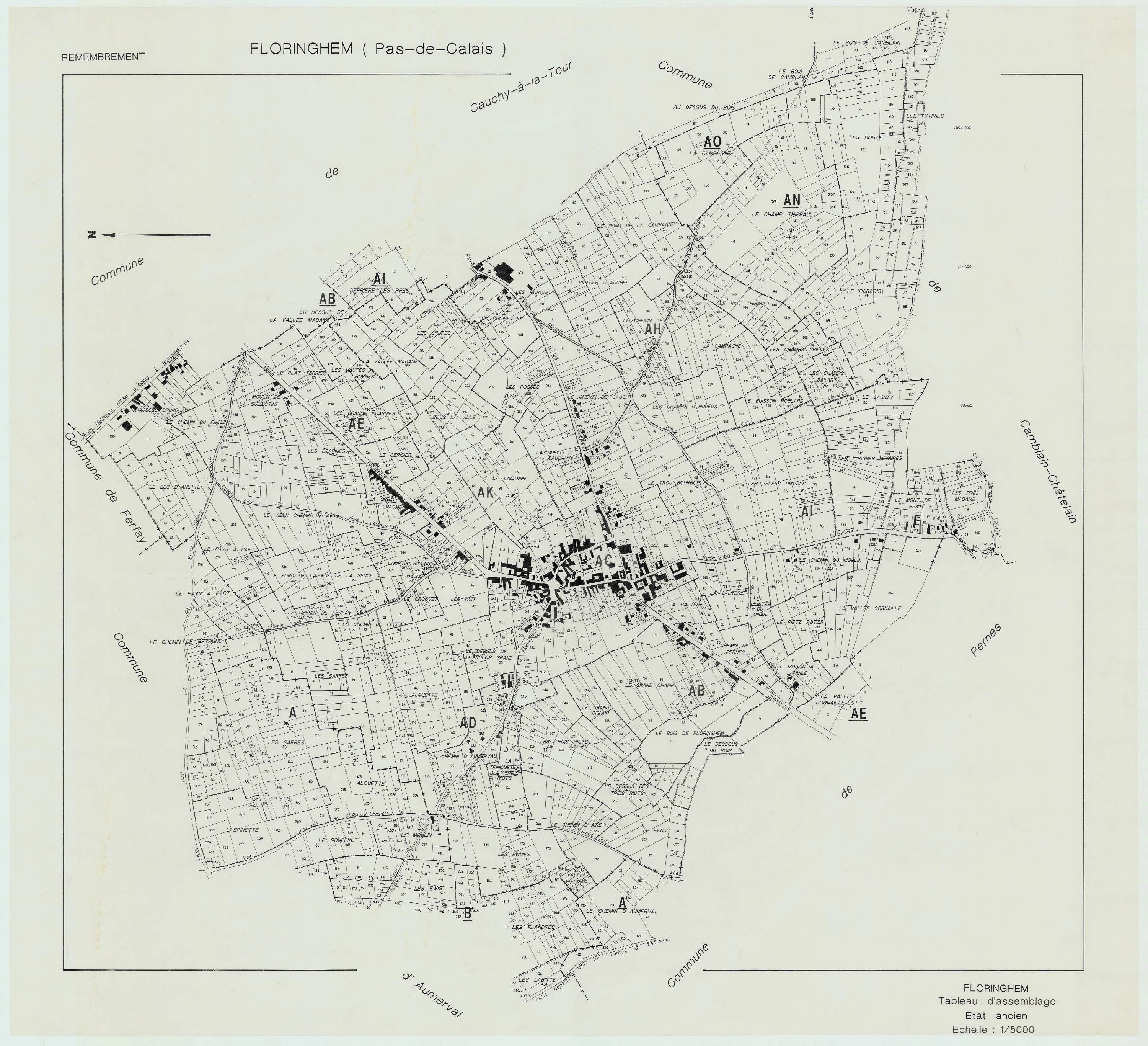 Floringhem - Plan cadastral : tableau d'assemblage antérieur au remembrement.