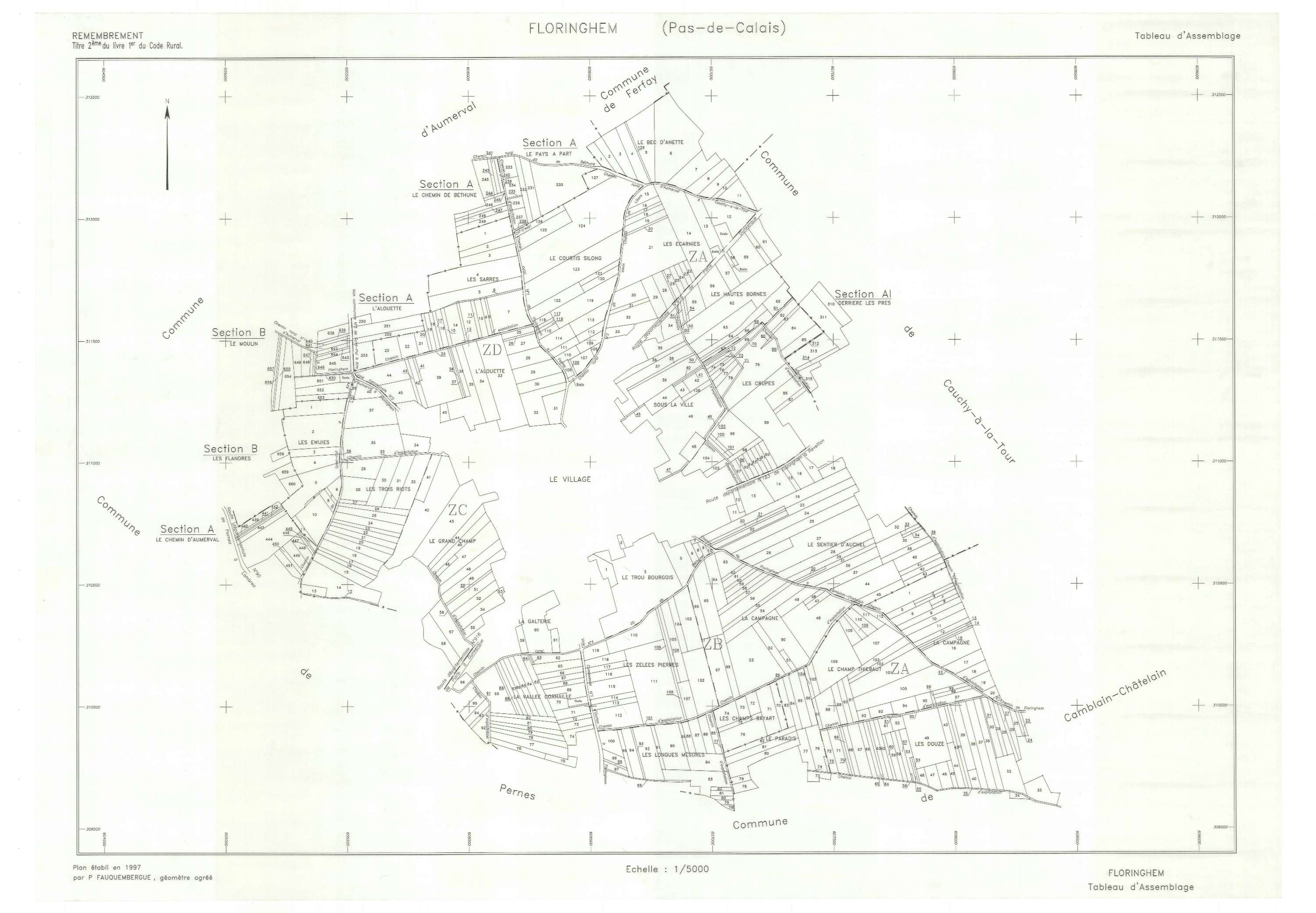 Floringhem - Plan cadastral : tableau d'assemblage postérieur au remembrement.