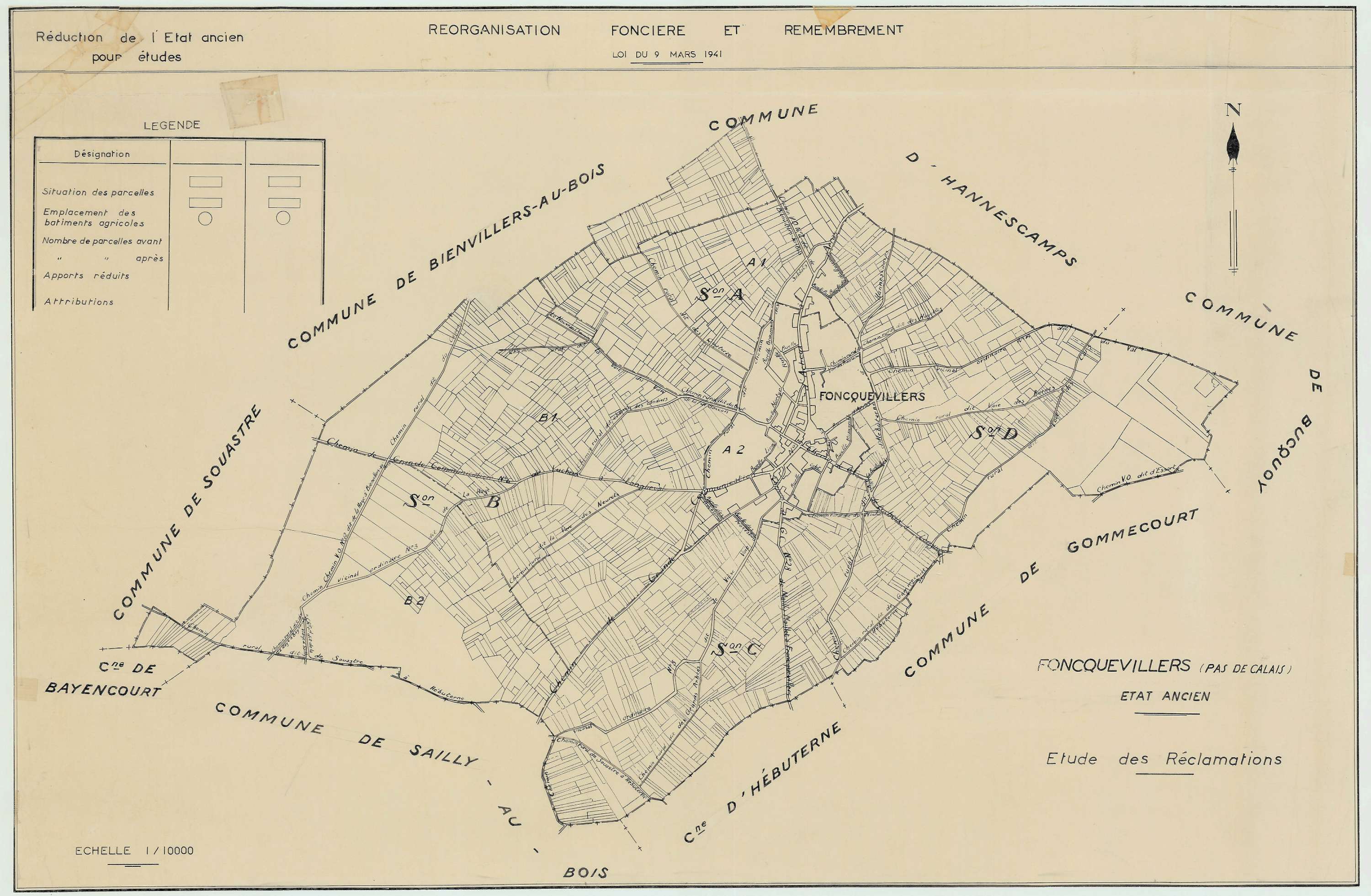 Foncquevillers - Plan cadastral : tableau d'assemblage antérieur au remembrement.