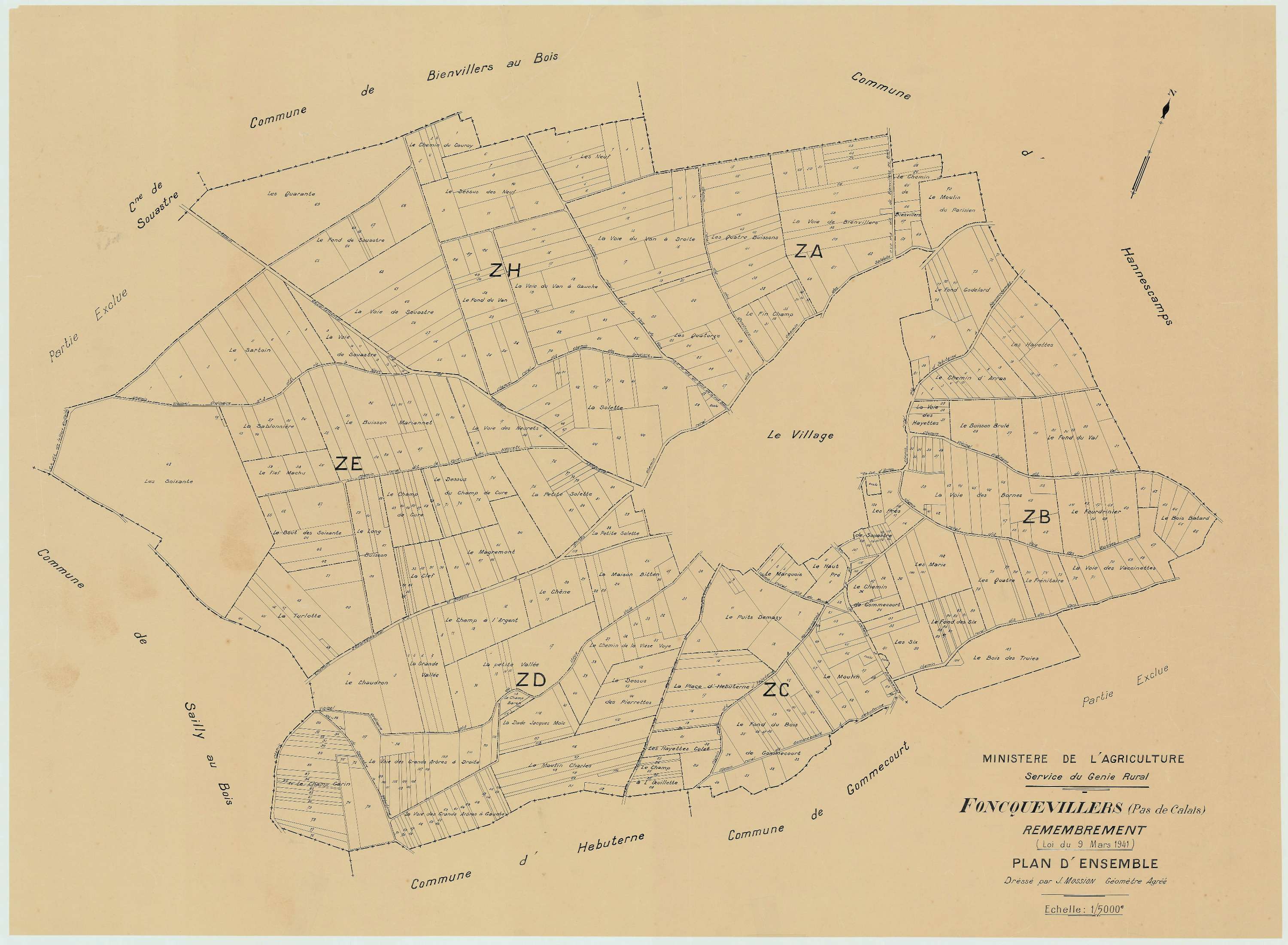 Foncquevillers - Plan cadastral : tableau d'assemblage postérieur au remembrement.