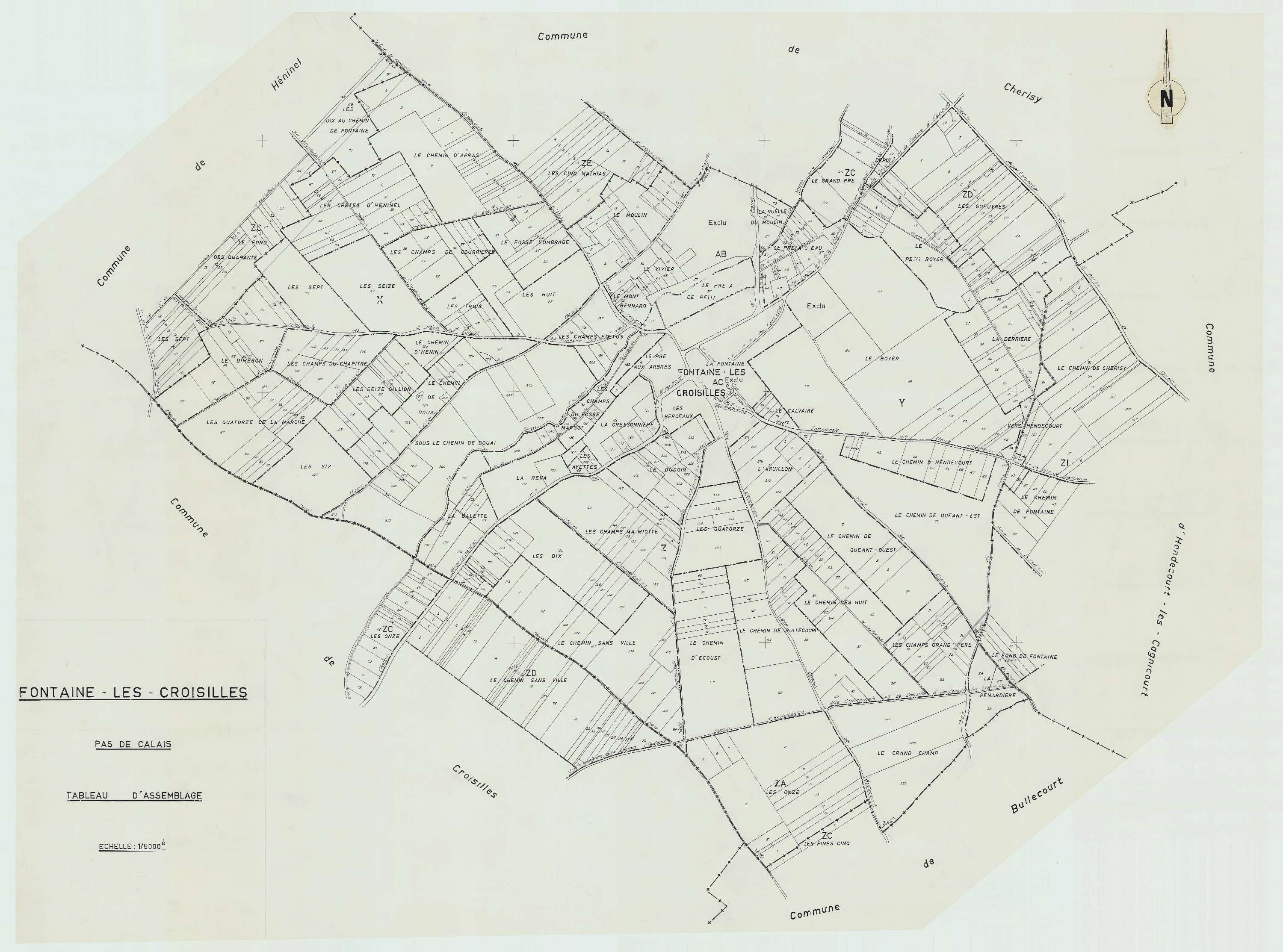 Fontaine-lès-Croisilles - Plan cadastral : tableau d'assemblage postérieur au remembrement.