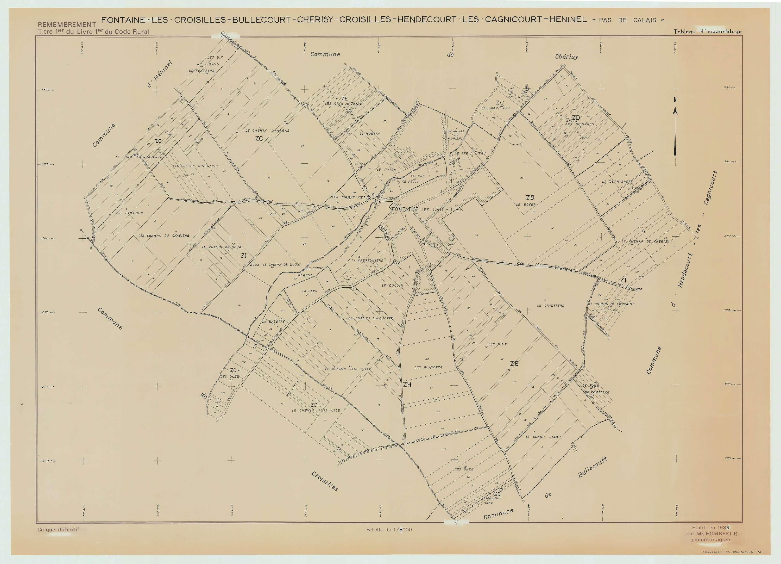 Fontaine-lès-Croisilles - Plan cadastral : tableau d'assemblage postérieur au remembrement.