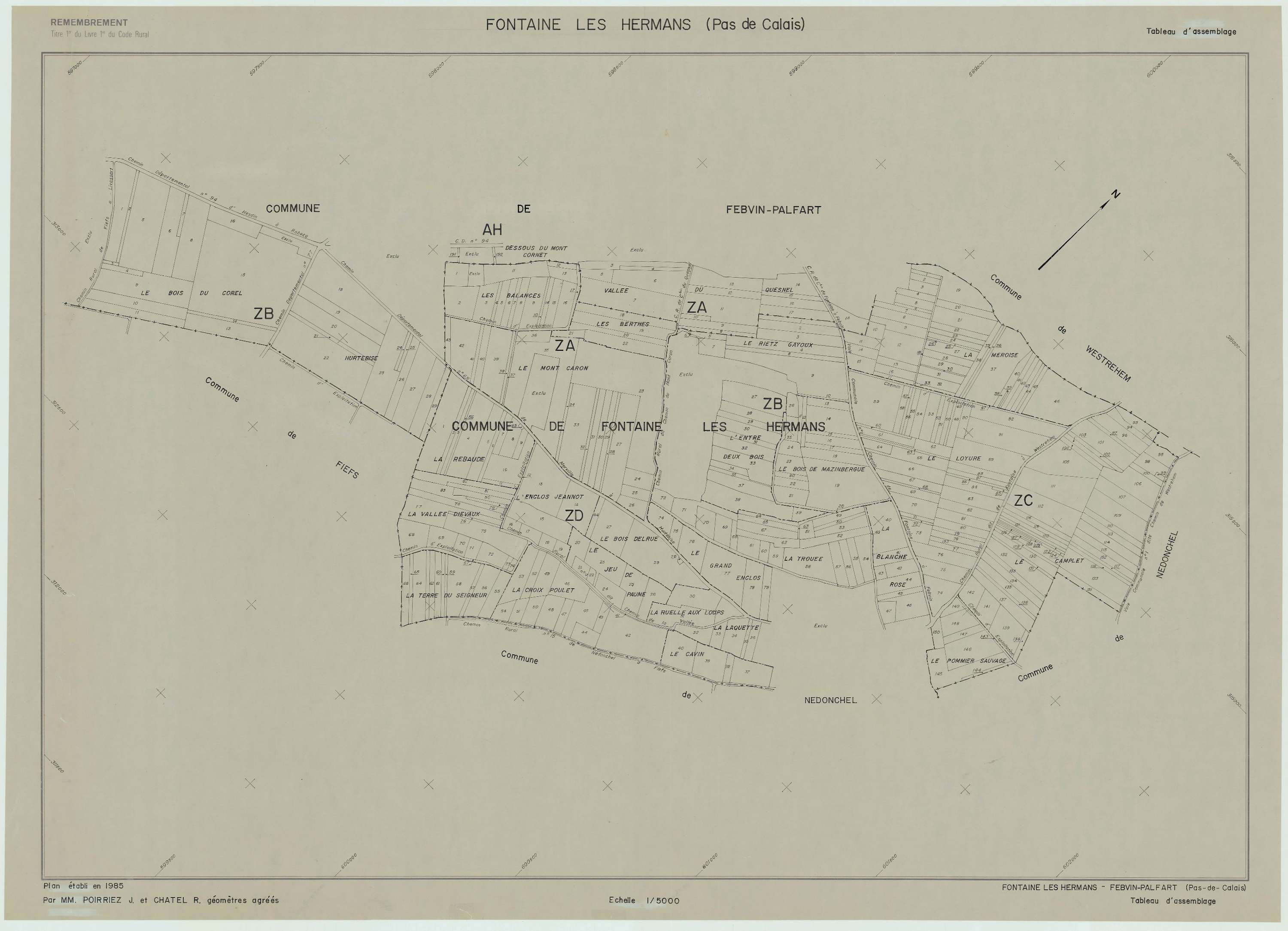 Fontaine-lès-Hermans - Plan cadastral : tableau d'assemblage postérieur au remembrement.