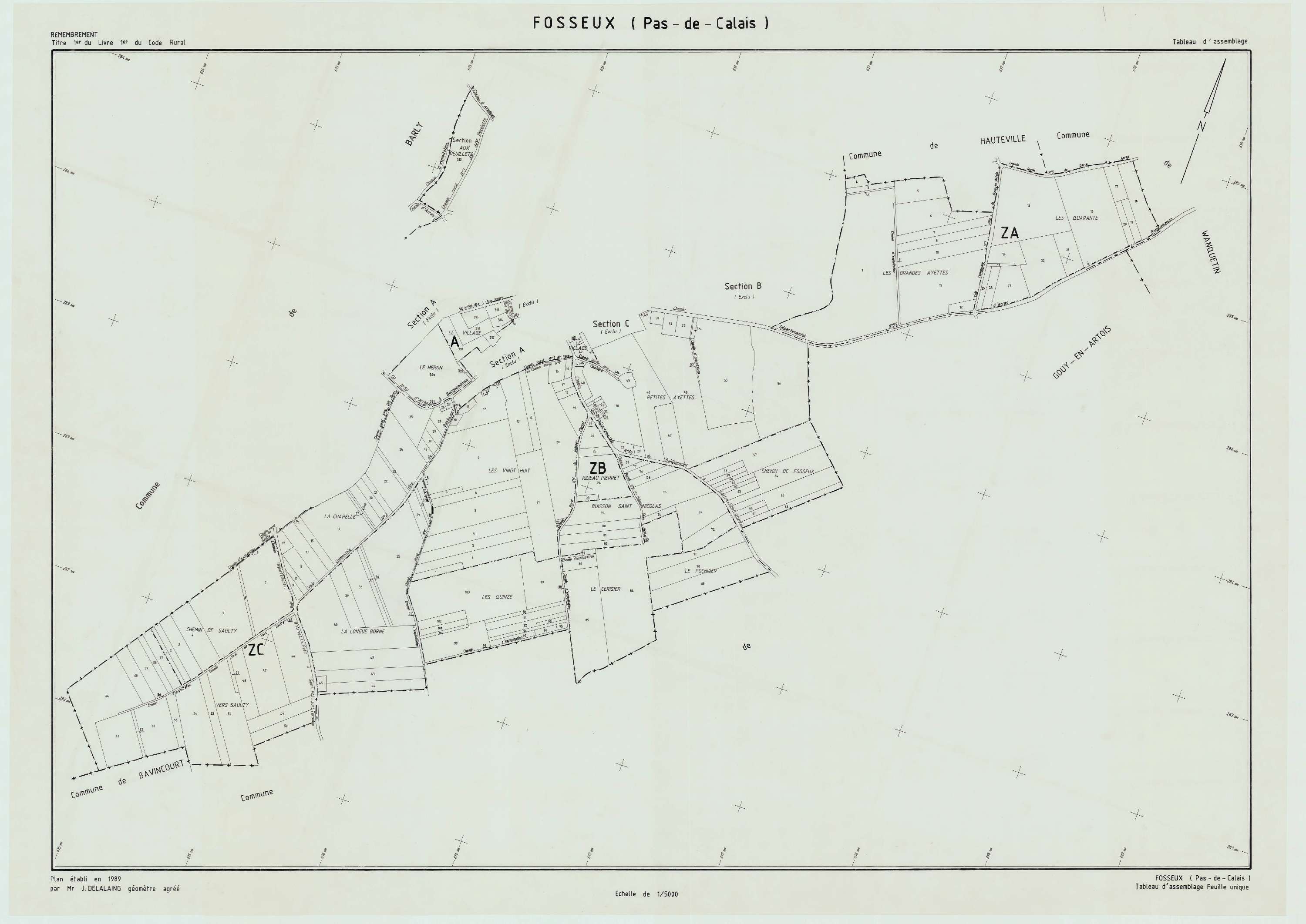 Fosseux - Plan cadastral : tableau d'assemblage postérieur au remembrement.