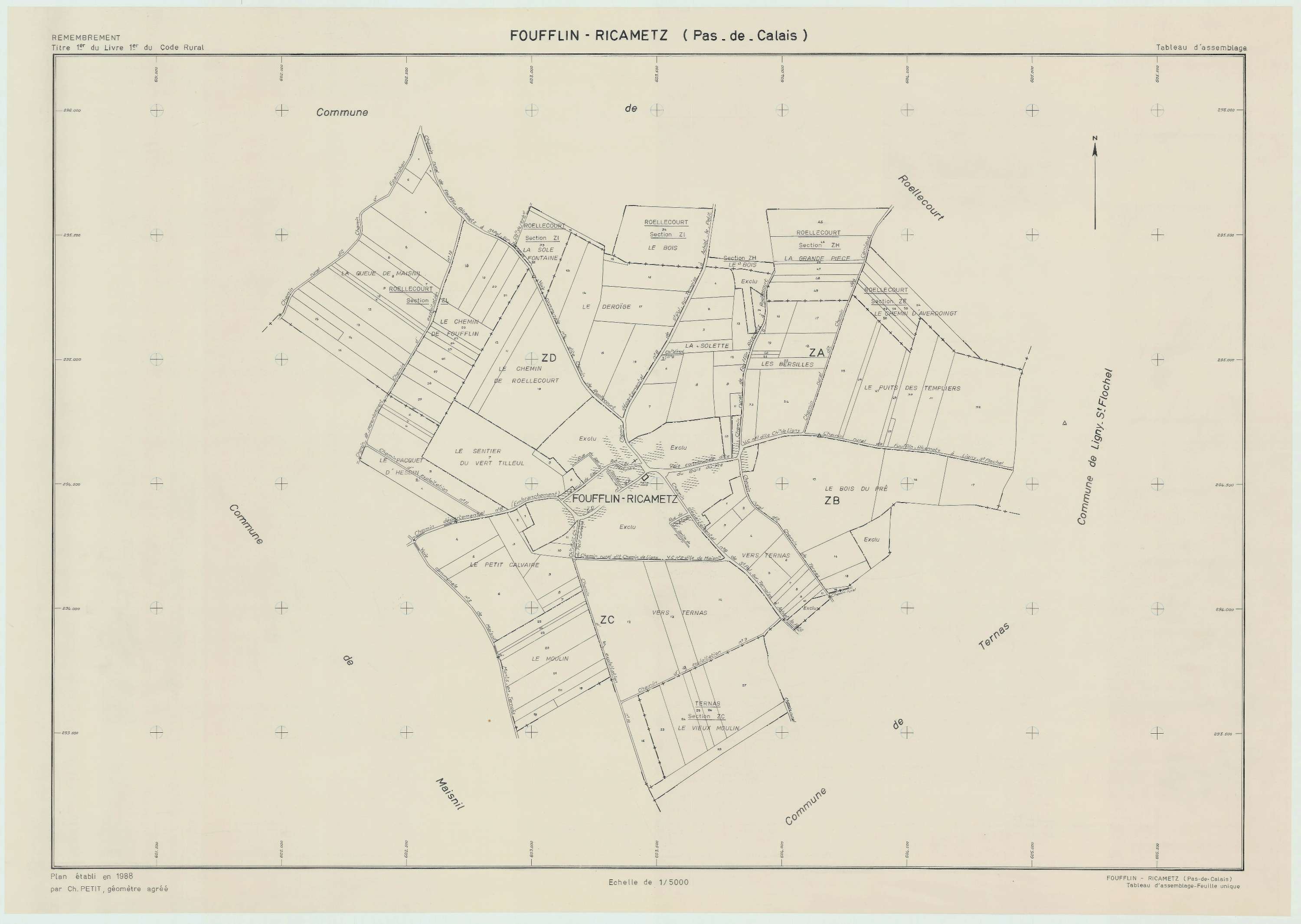 Foufflin-Ricametz - Plan cadastral : tableau d'assemblage postérieur au remembrement.