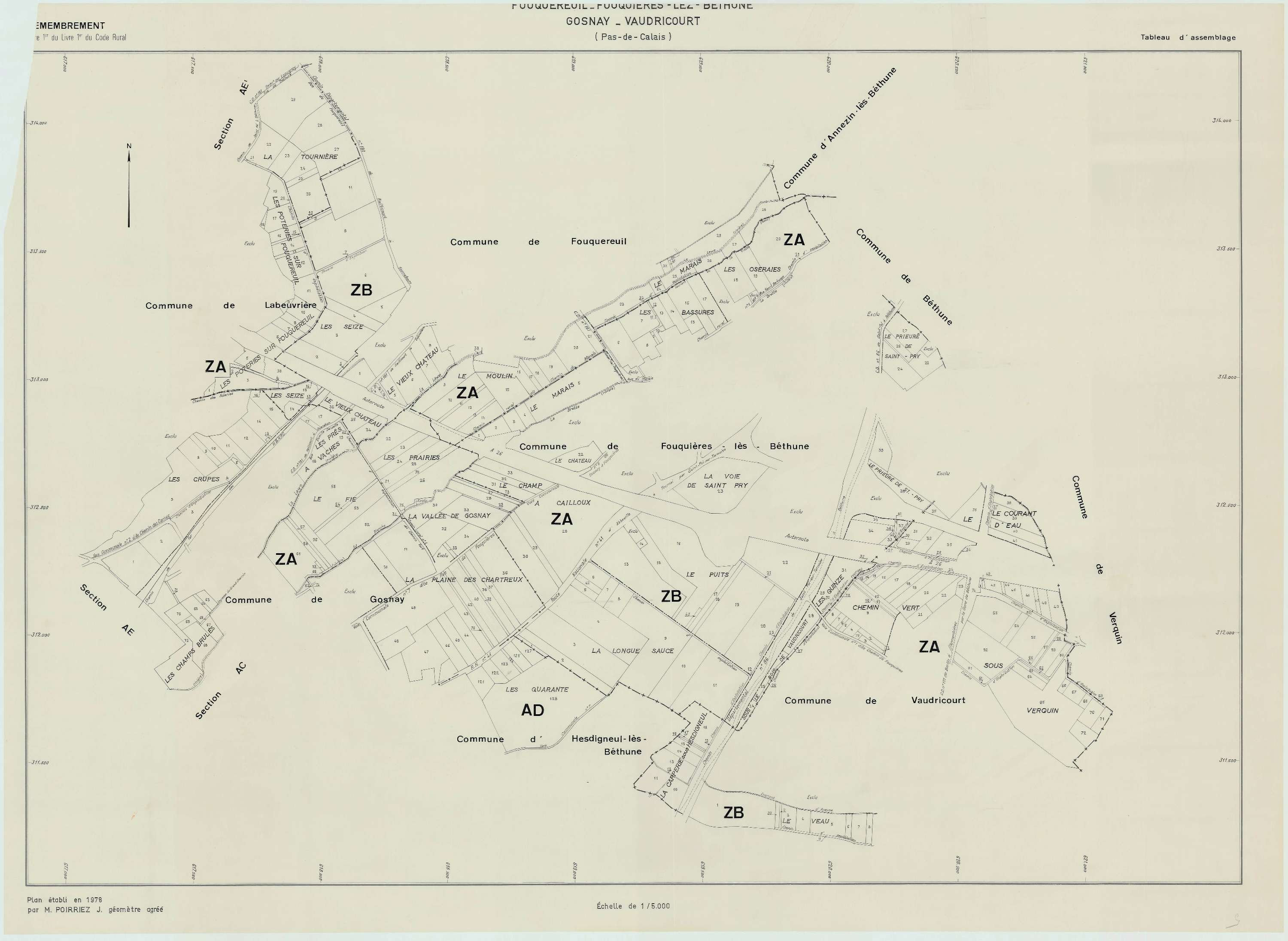 Fouquières-lès-Béthune - Plan cadastral : tableau d'assemblage postérieur au remembrement.