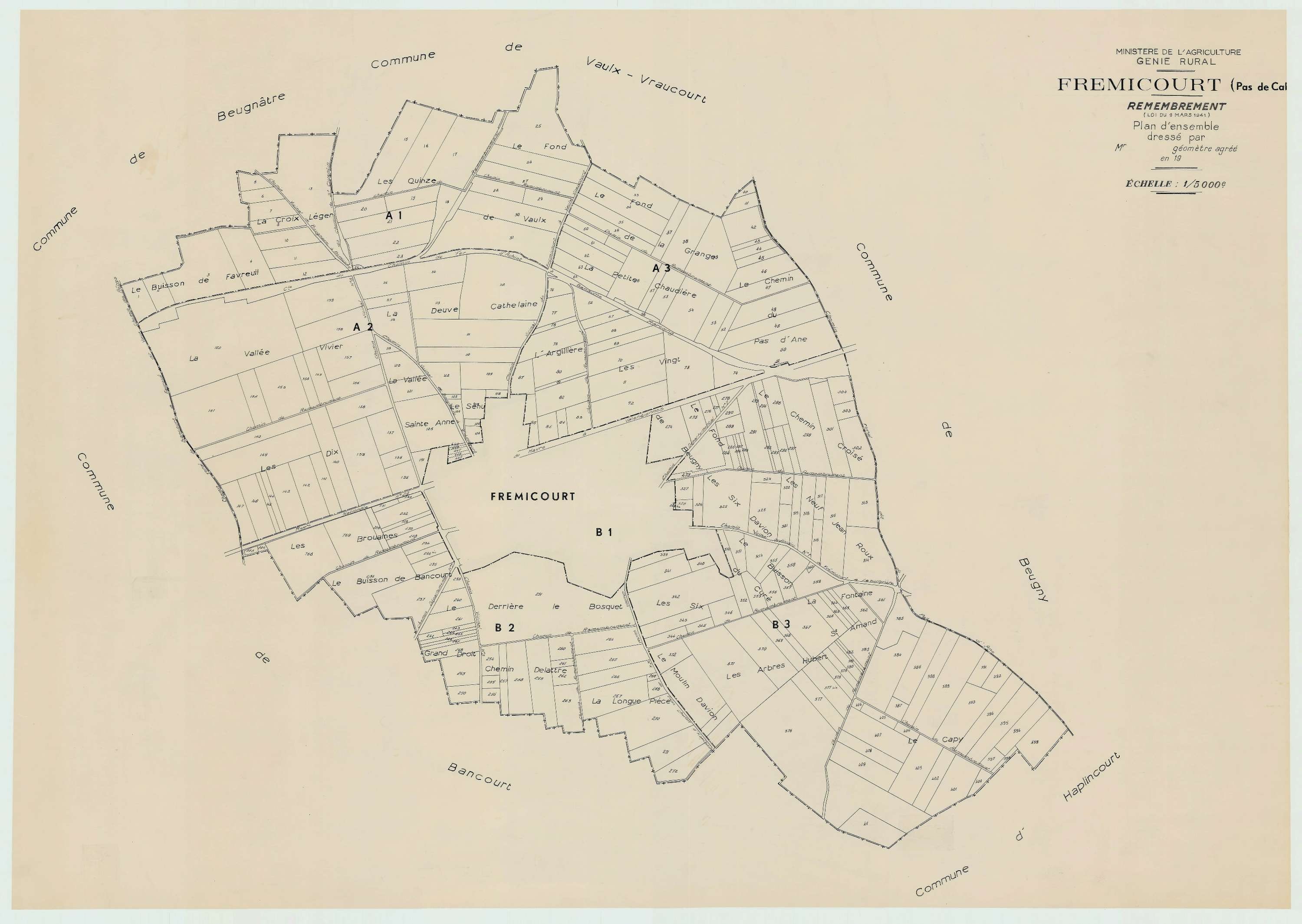 Frémicourt - Plan cadastral : tableau d'assemblage postérieur au remembrement.