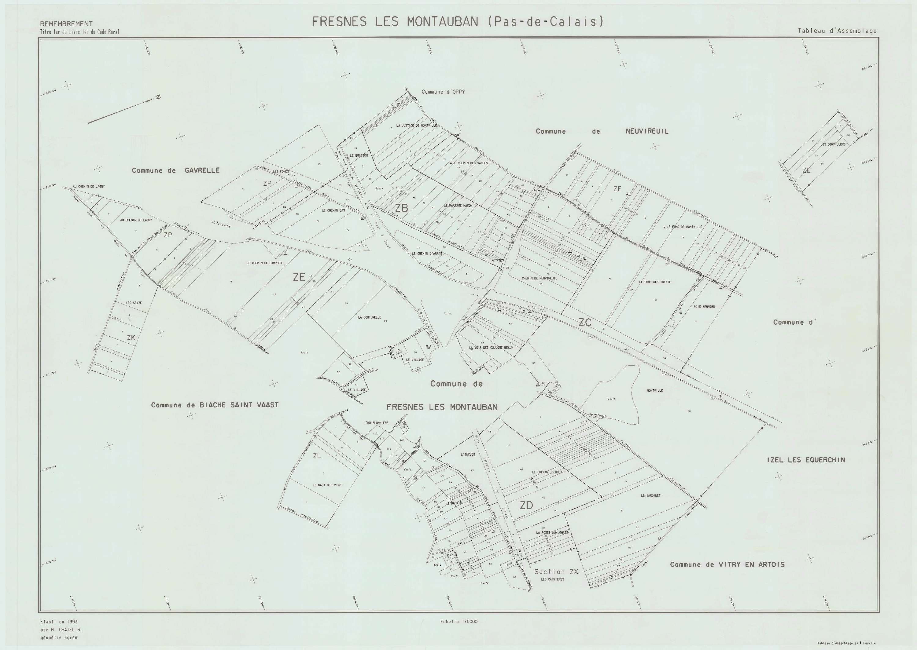Fresnes-lès-Montauban - Plan cadastral : tableau d'assemblage postérieur au remembrement.
