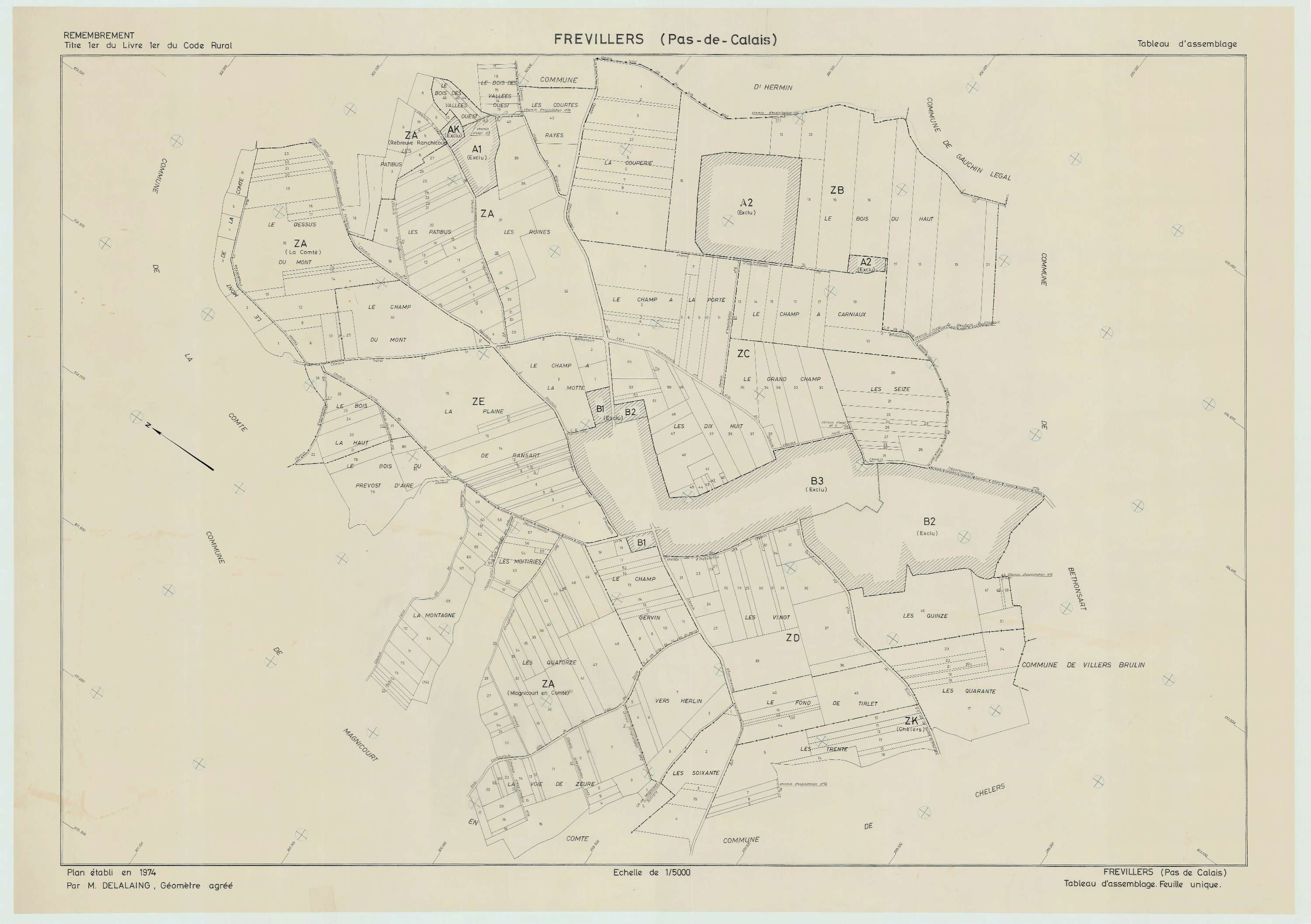 Frévillers - Plan cadastral : tableau d'assemblage postérieur au remembrement.