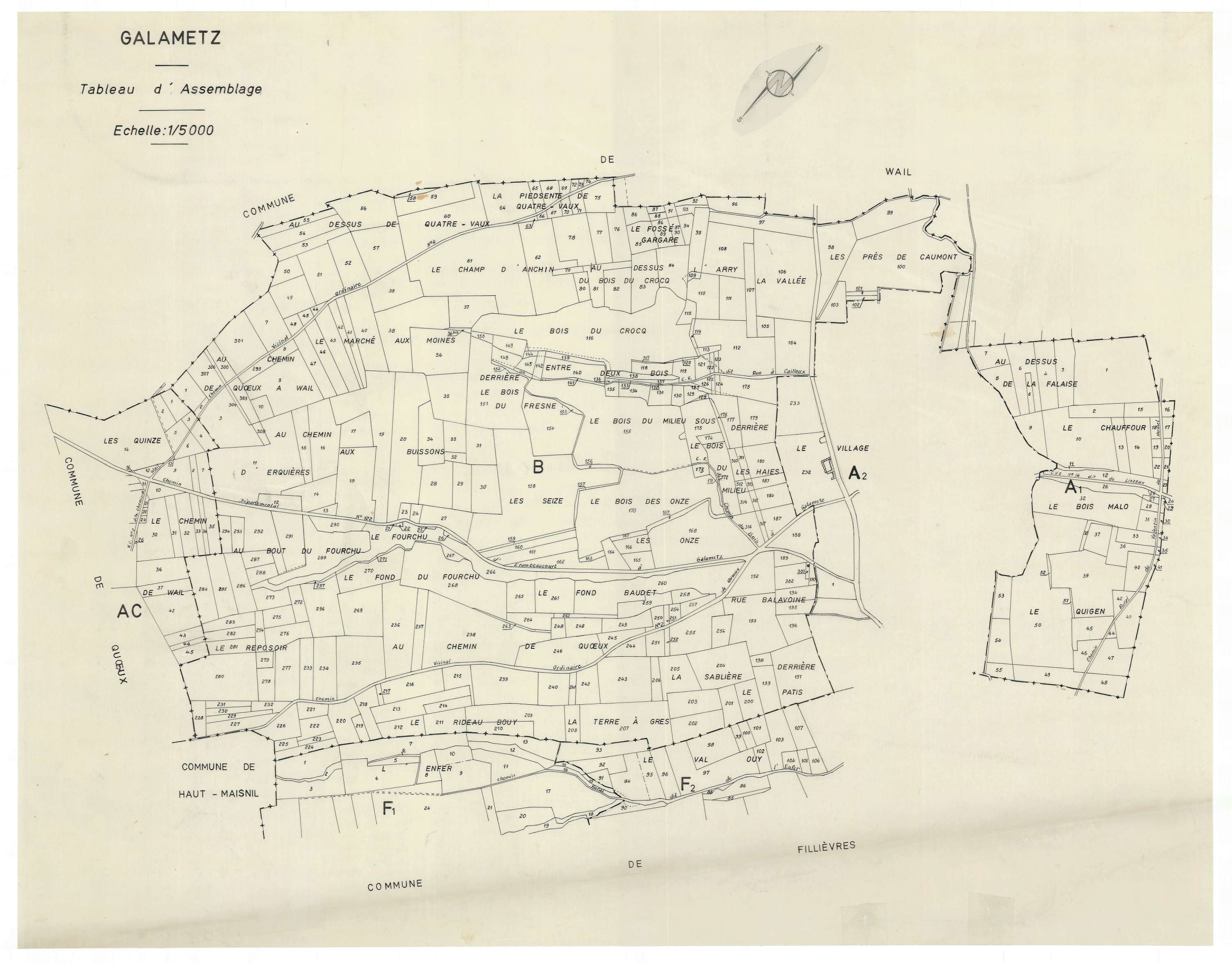 Galametz - Plan cadastral : tableau d'assemblage antérieur au remembrement.