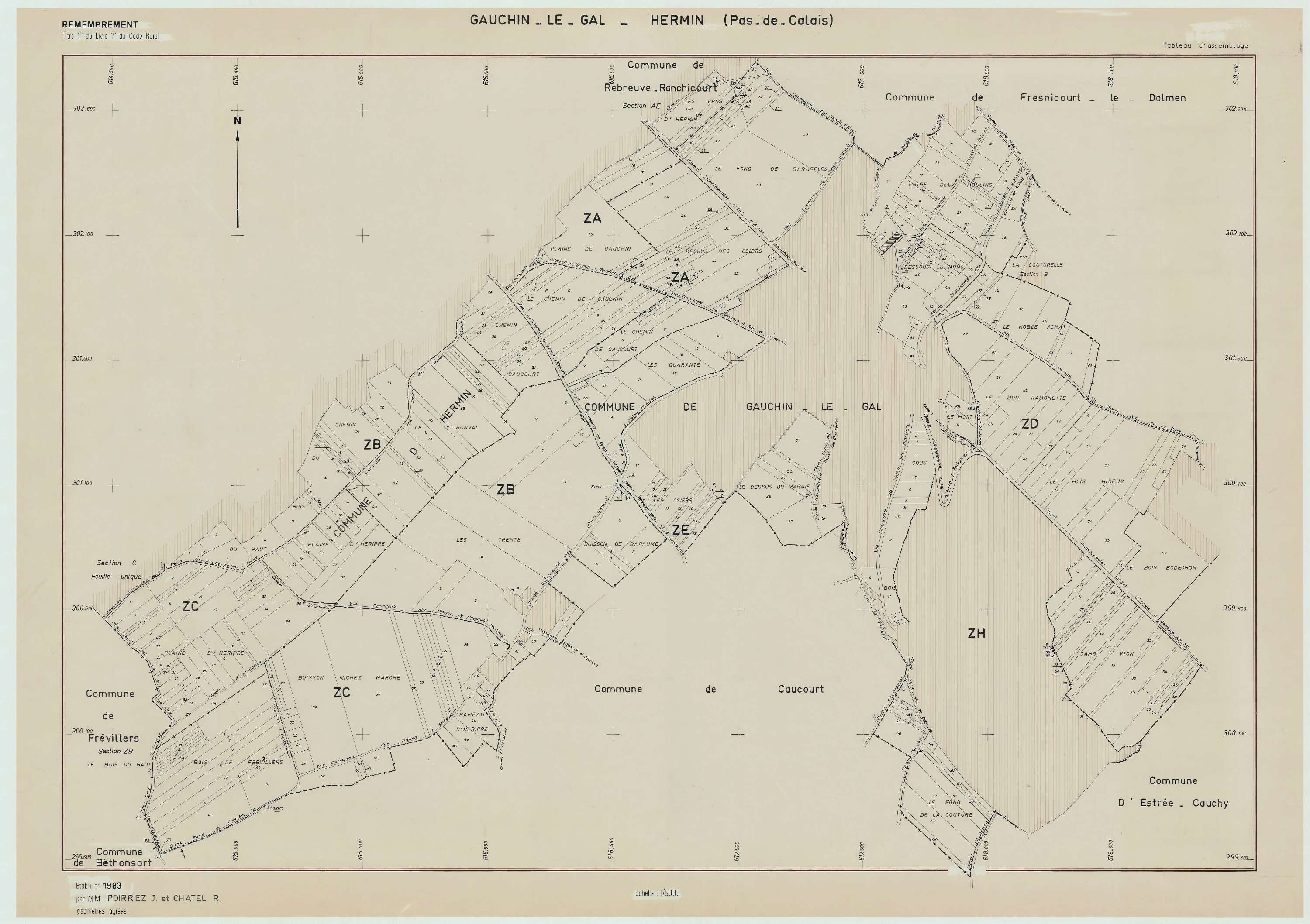 Gauchin-Légal - Plan cadastral : tableau d'assemblage postérieur au remembrement.