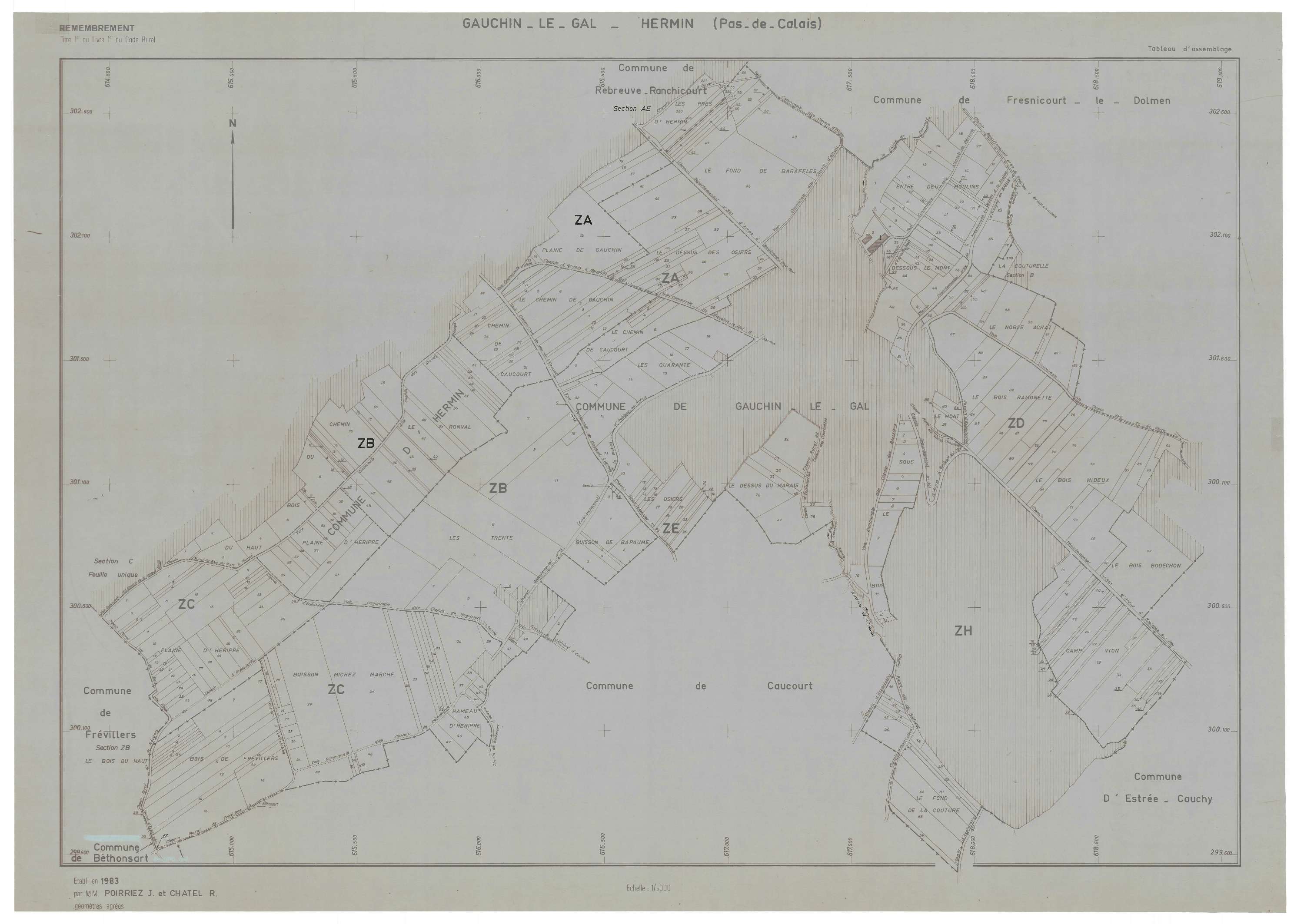Gauchin-Légal - Plan cadastral : tableau d'assemblage postérieur au remembrement.