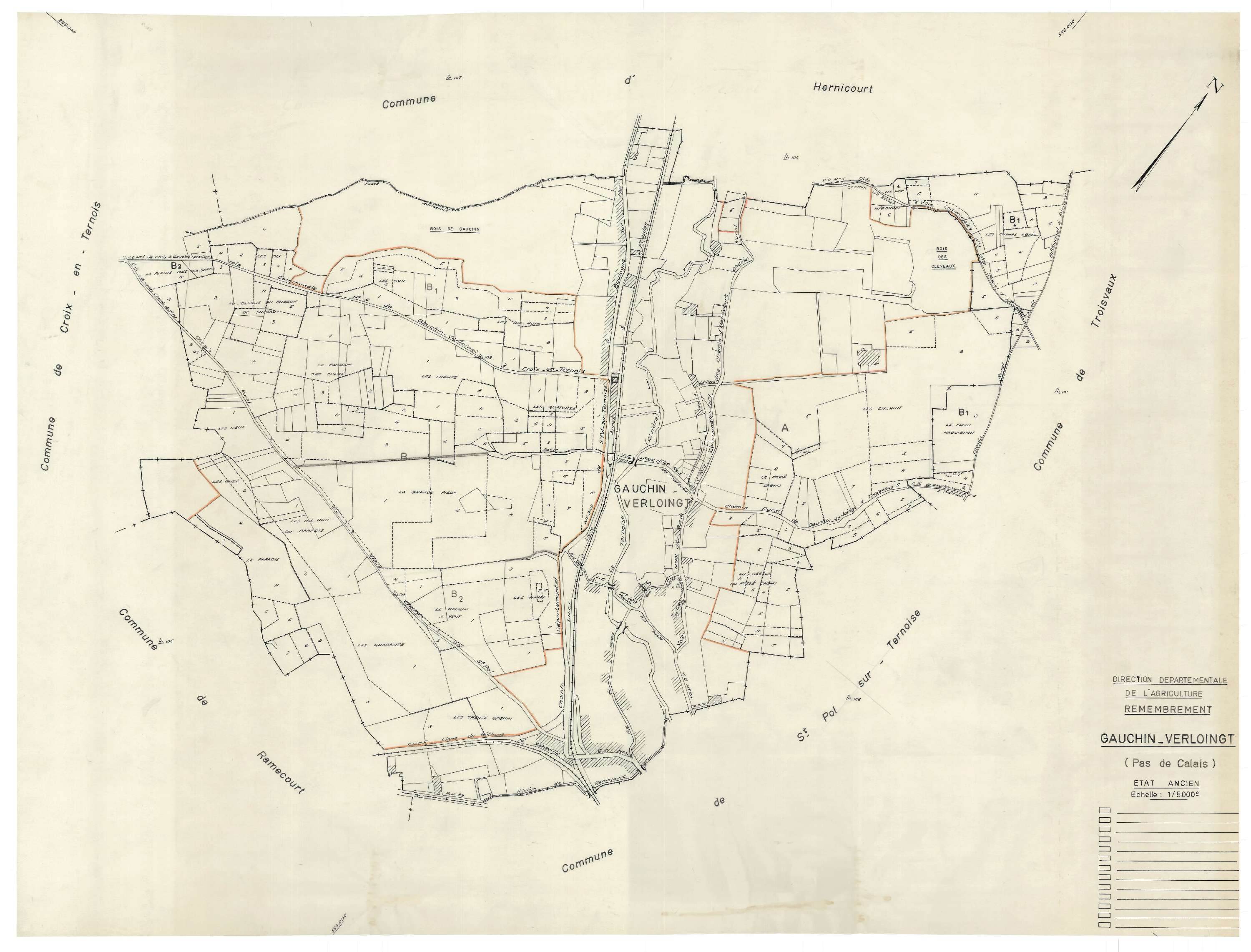 Gauchin-Verloingt - Plan cadastral : tableau d'assemblage antérieur au remembrement.