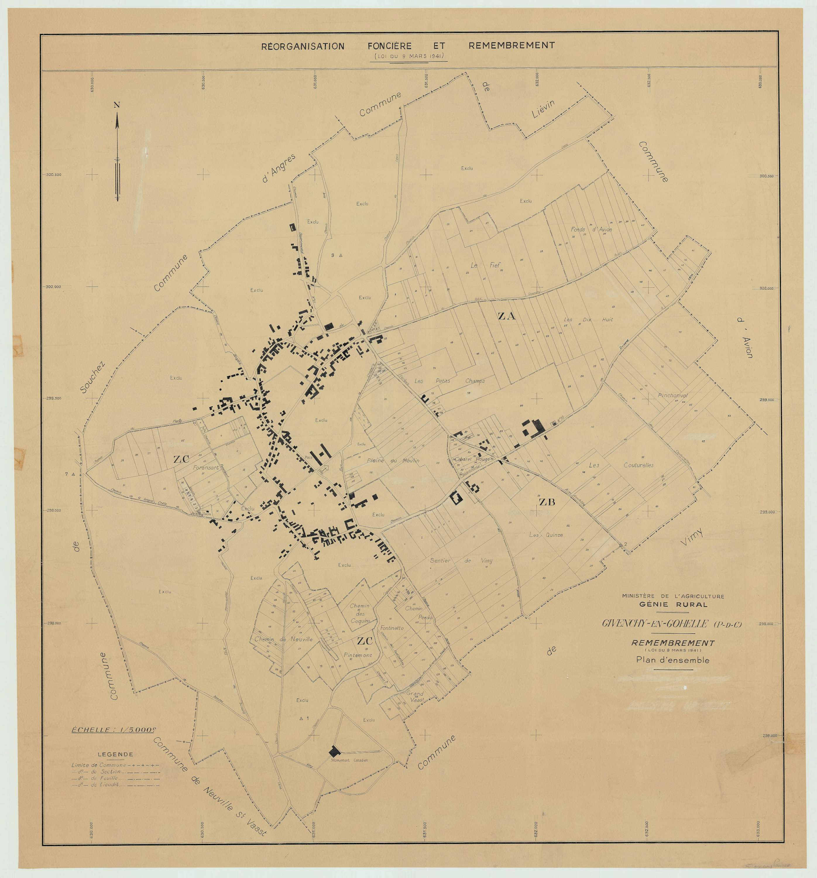 Givenchy-en-Gohelle - Plan cadastral : tableau d'assemblage postérieur au remembrement.