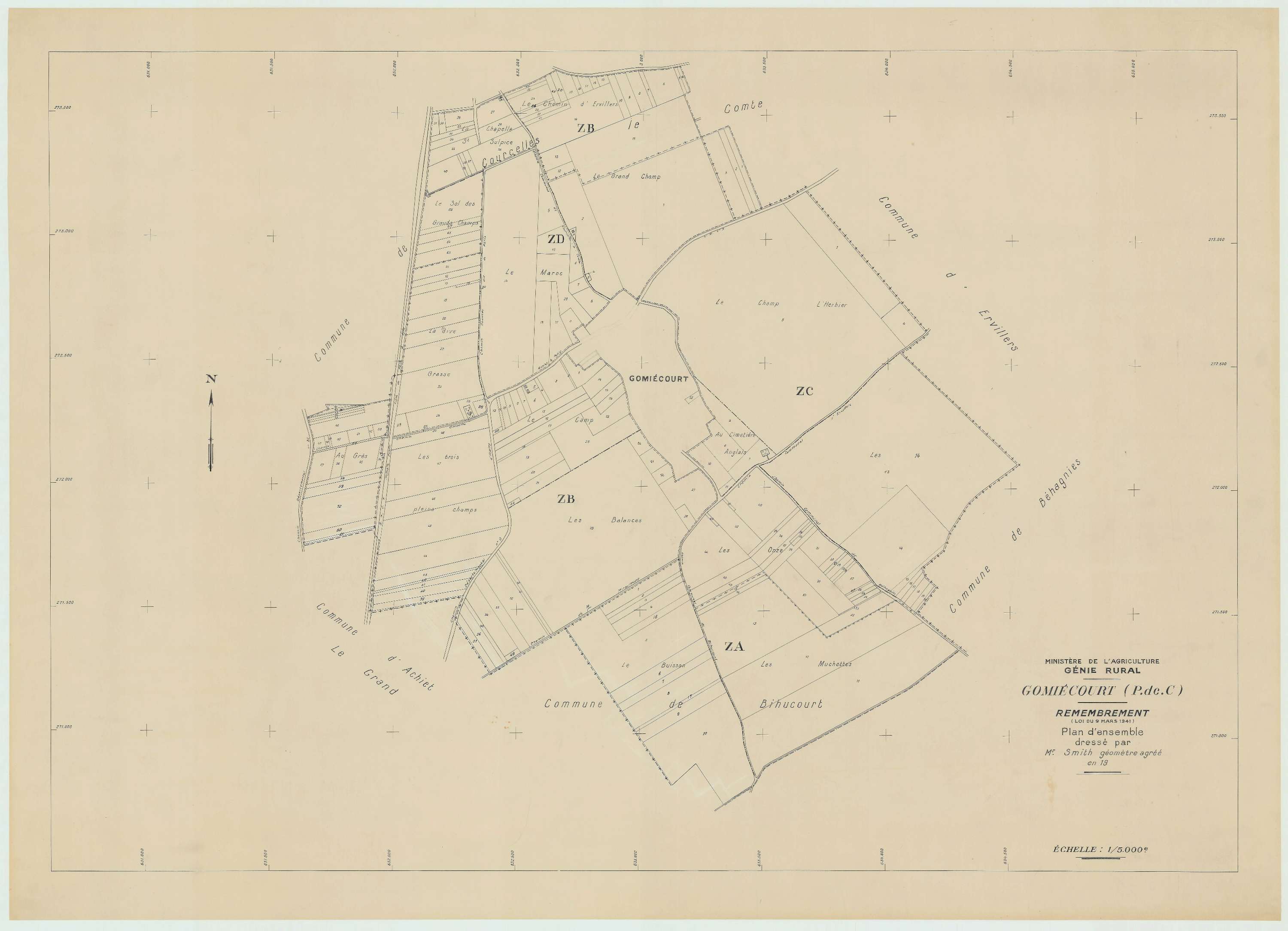 Gomiécourt - Plan cadastral : tableau d'assemblage postérieur au remembrement.
