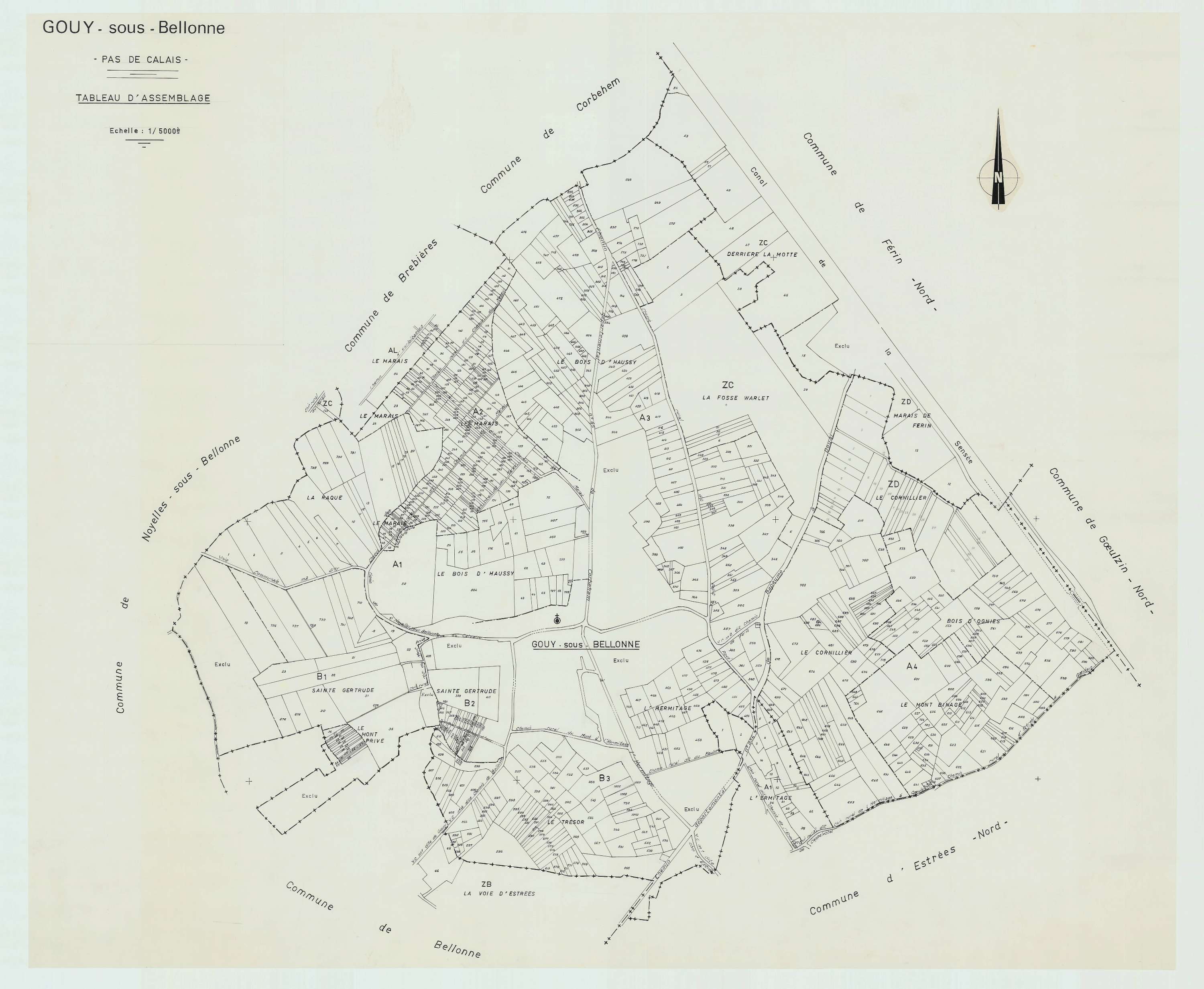 Gouy-sous-Bellonne - Plan cadastral : tableau d'assemblage antérieur au remembrement.