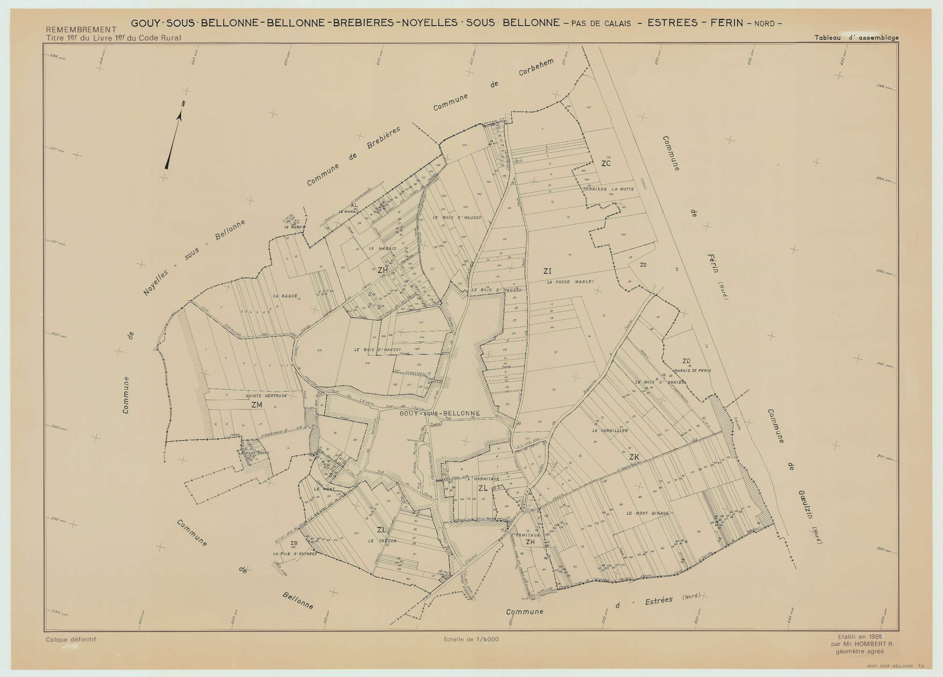 Gouy-sous-Bellonne - Plan cadastral : tableau d'assemblage postérieur au remembrement.