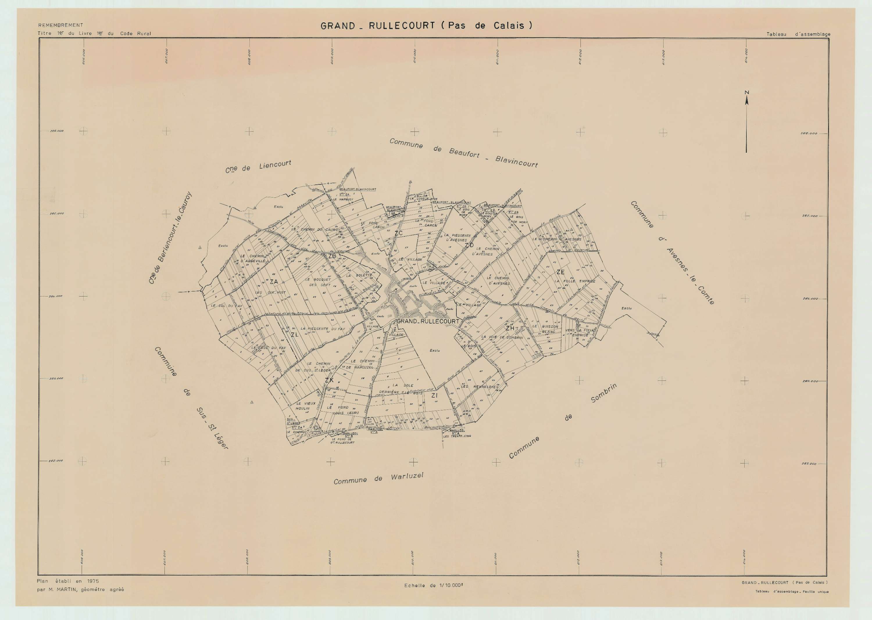 Grand-Rullecourt - Plan cadastral : tableau d'assemblage postérieur au remembrement.