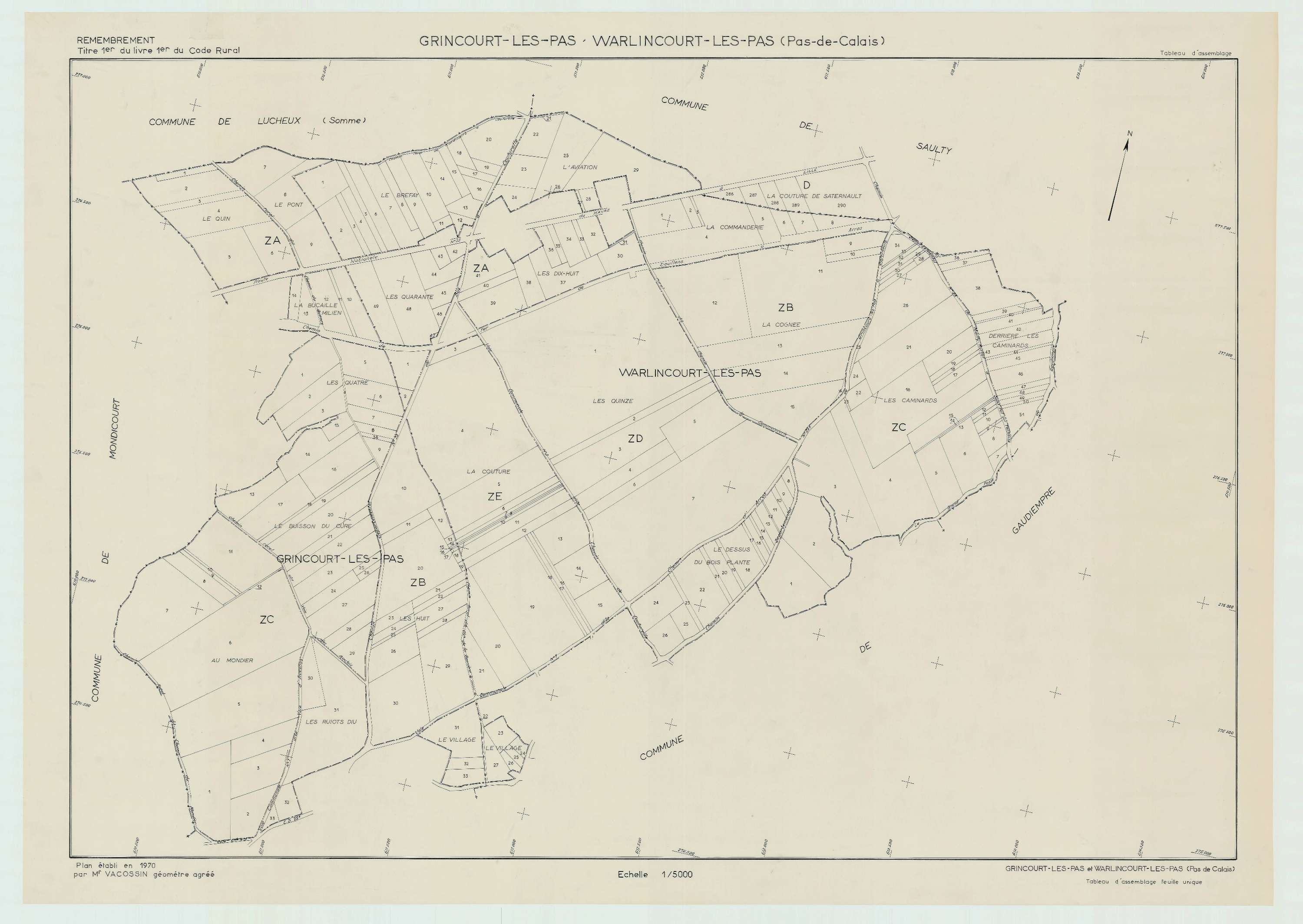 Grincourt-lès-Pas - Plan cadastral : tableau d'assemblage postérieur au remembrement.
