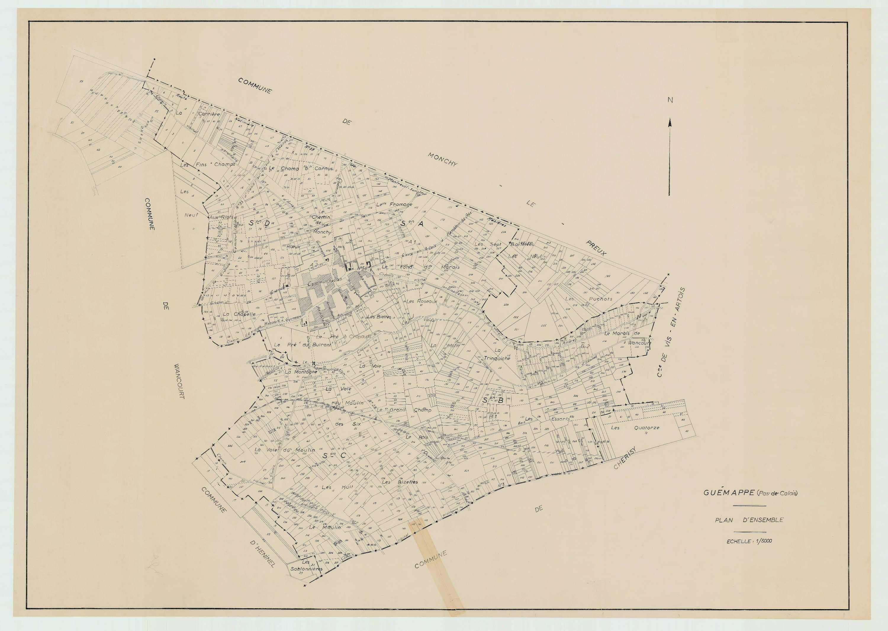 Guémappe - Plan cadastral : tableau d'assemblage antérieur au remembrement.