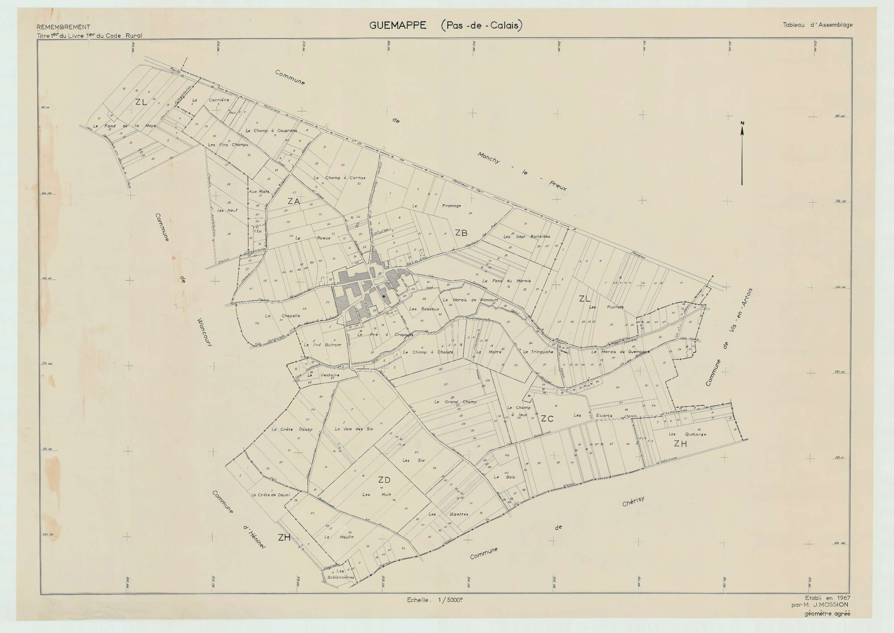 Guémappe - Plan cadastral : tableau d'assemblage postérieur au remembrement.