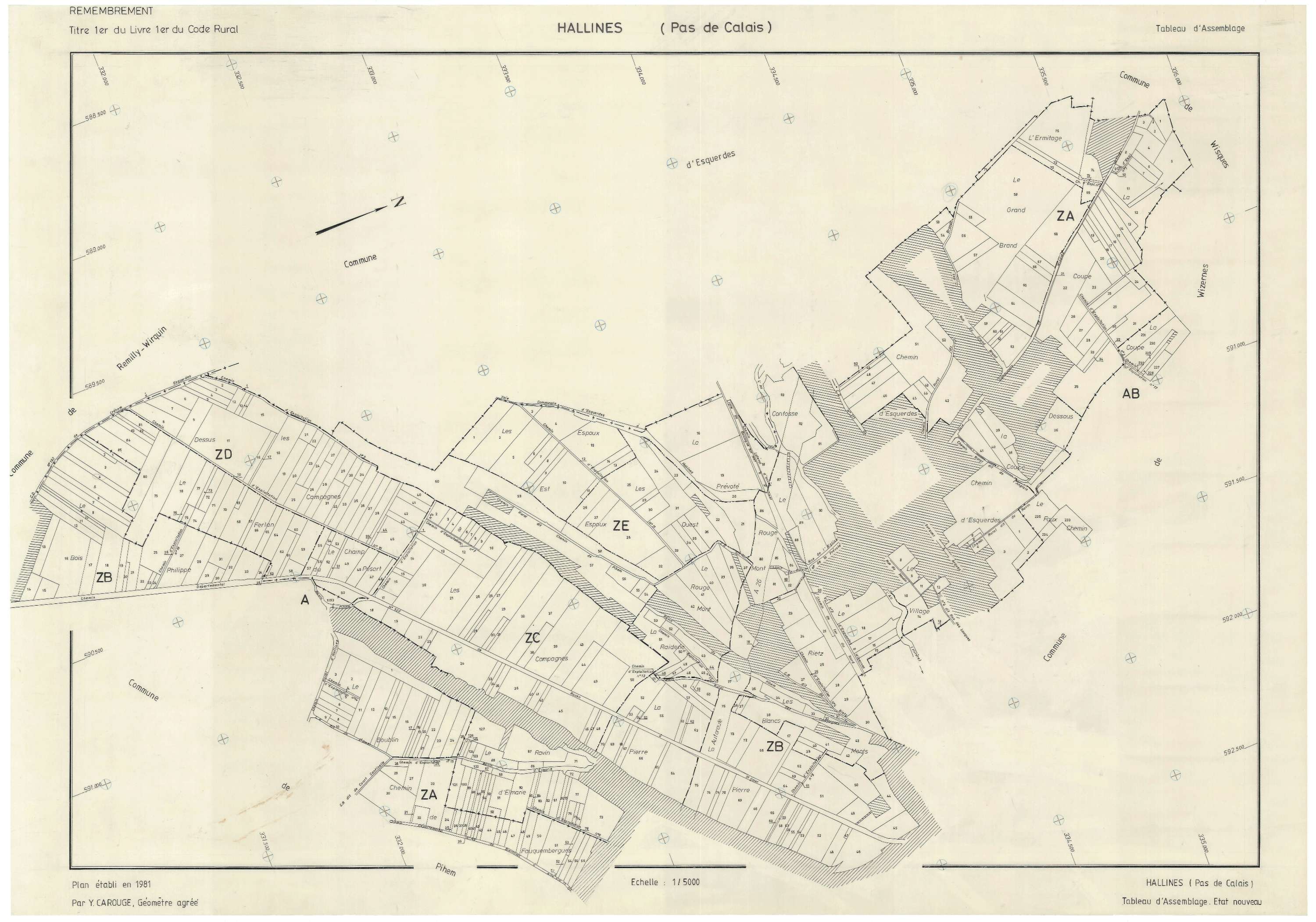 Hallines - Plan cadastral : tableau d'assemblage postérieur au remembrement.