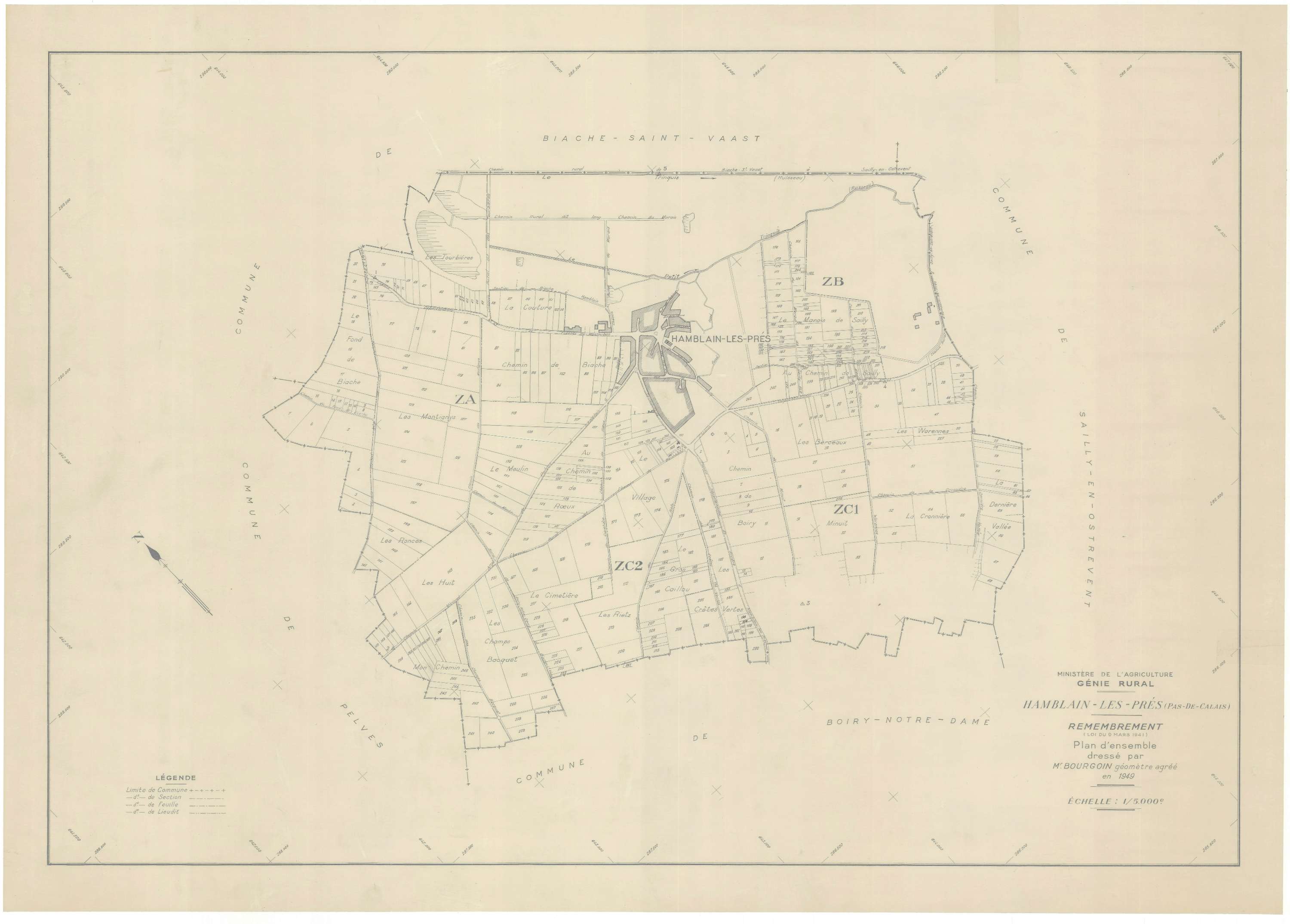 Hamblain-les-Prés - Plan cadastral : tableau d'assemblage postérieur au remembrement.