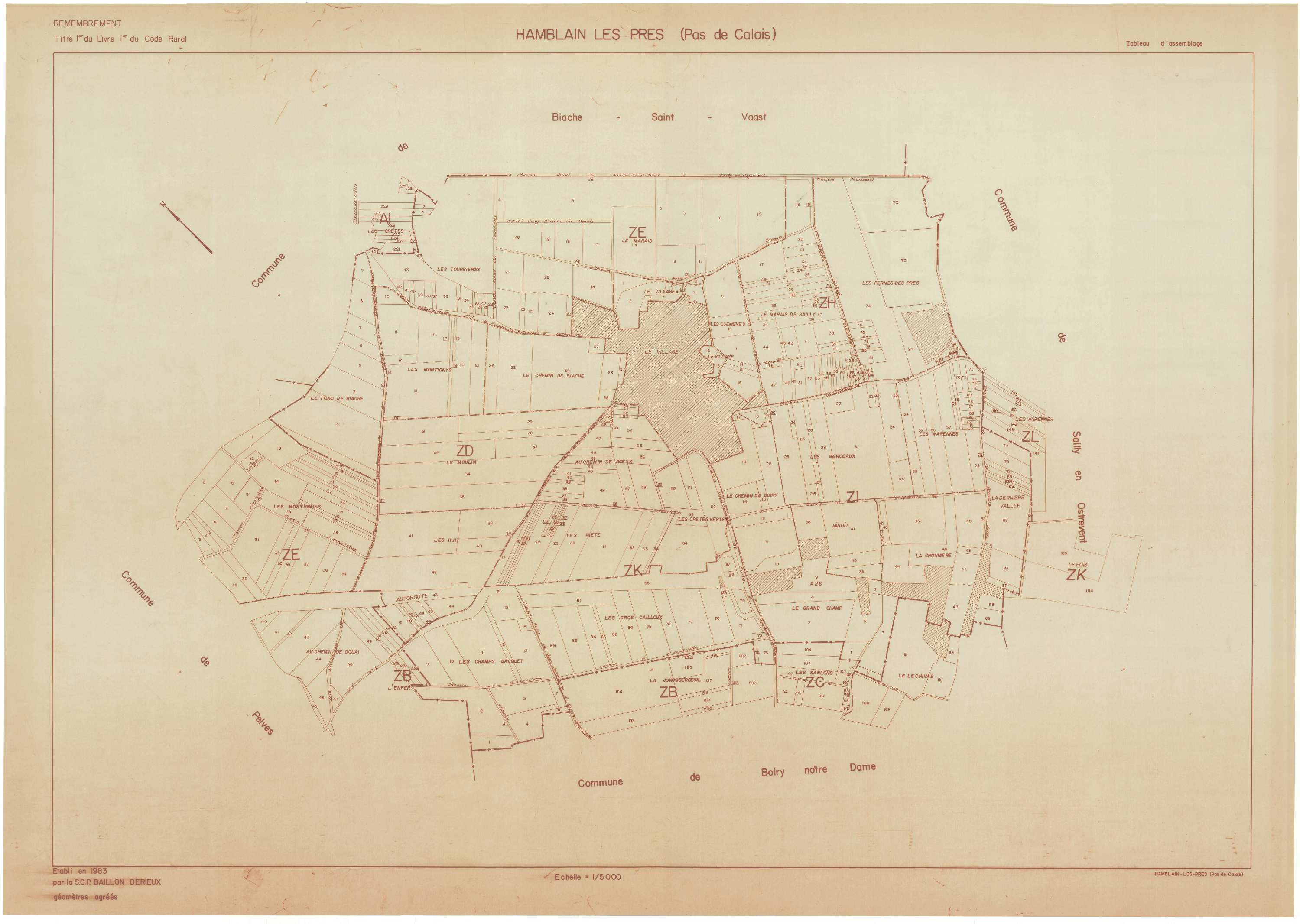 Hamblain-les-Prés - Plan cadastral : tableau d'assemblage postérieur au remembrement.