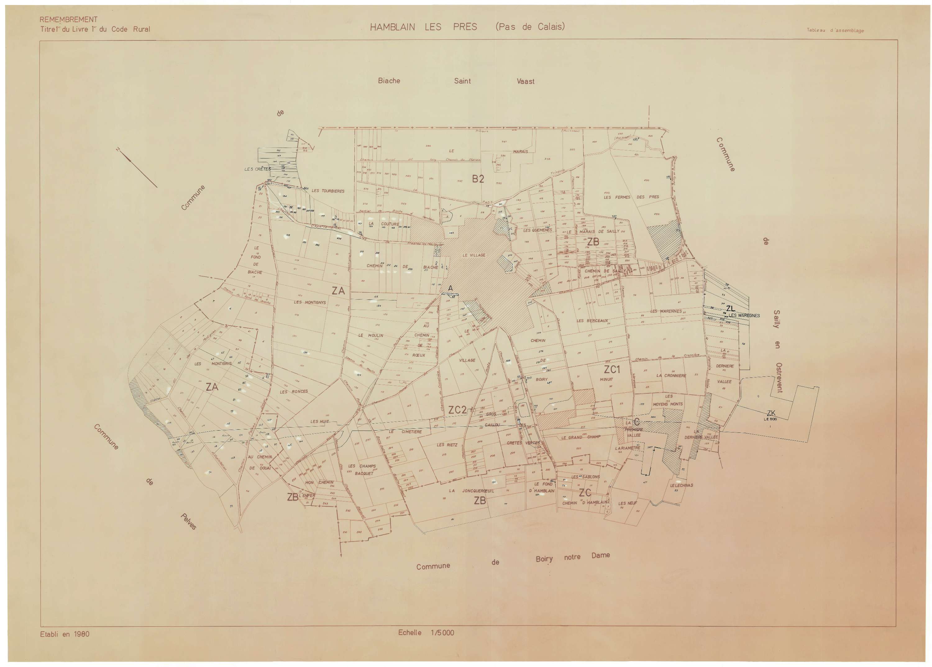 Hamblain-les-Prés - Plan cadastral : tableau d'assemblage postérieur au remembrement.