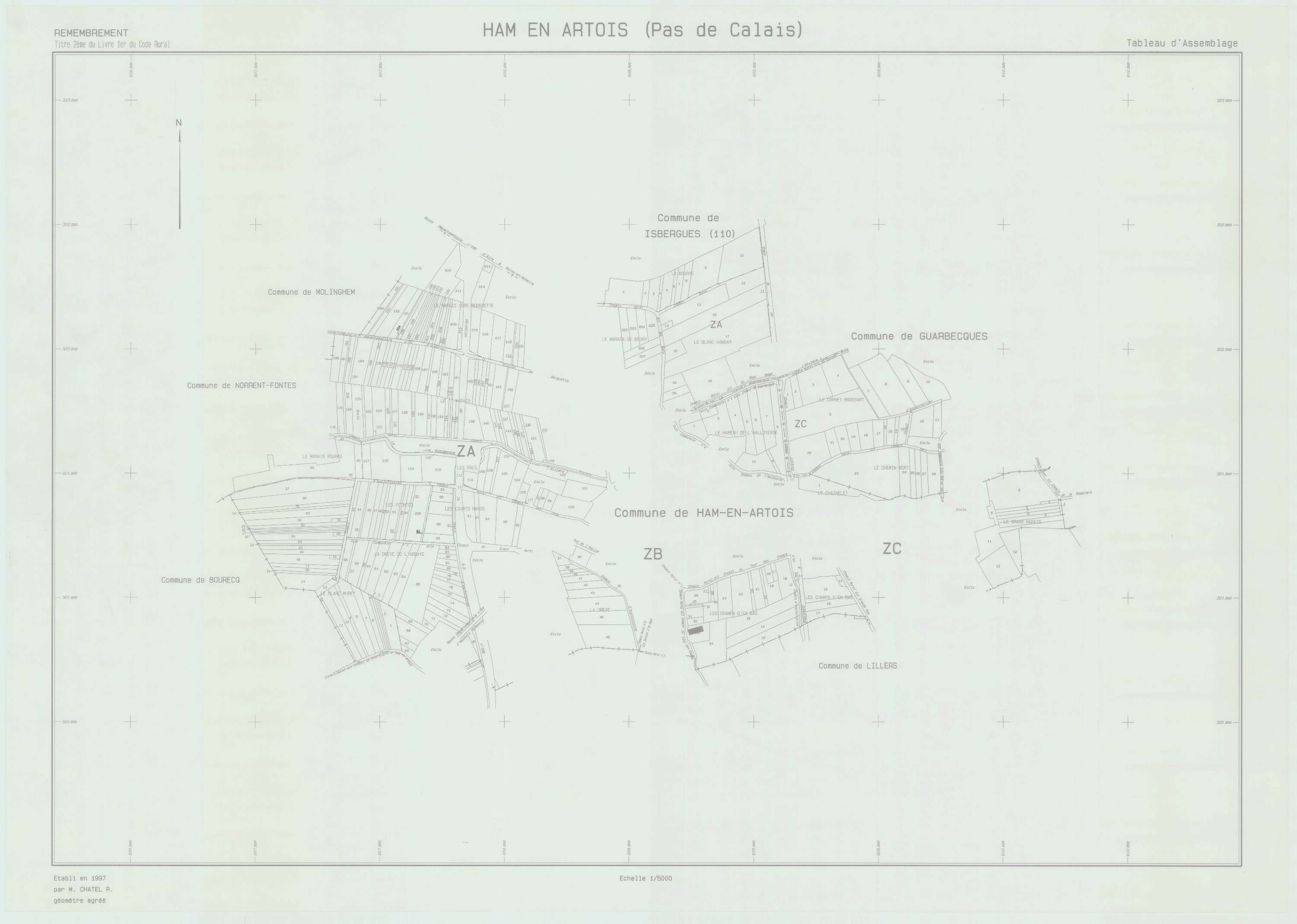 Ham-en-Artois - Plan cadastral : tableau d'assemblage postérieur au remembrement.