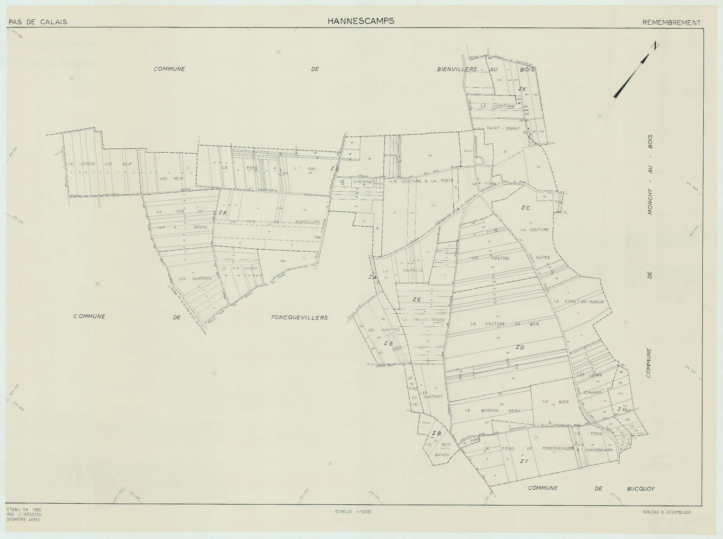 Hannescamps - Plan cadastral : tableau d'assemblage postérieur au remembrement.