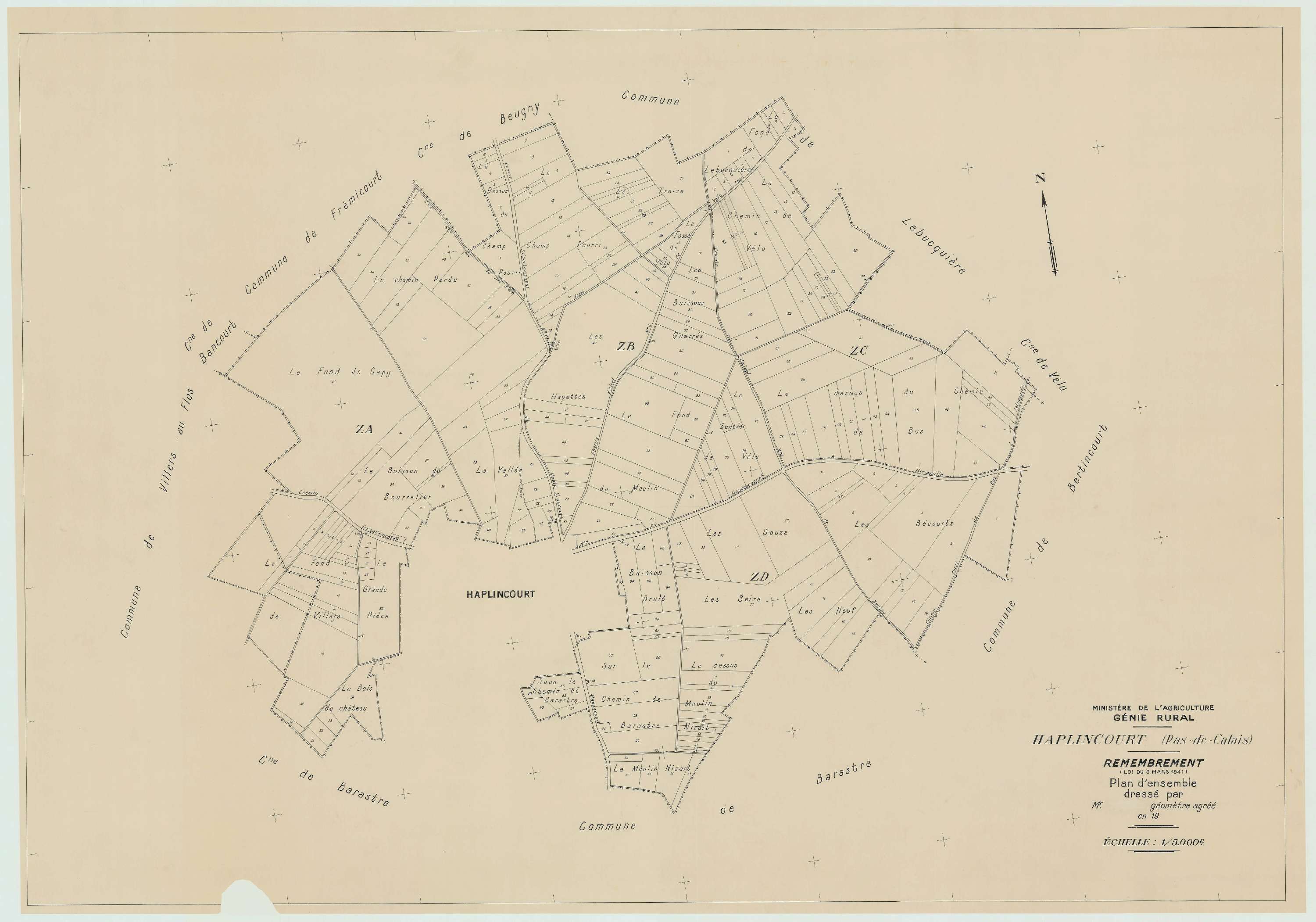 Haplincourt - Plan cadastral : tableau d'assemblage postérieur au remembrement.