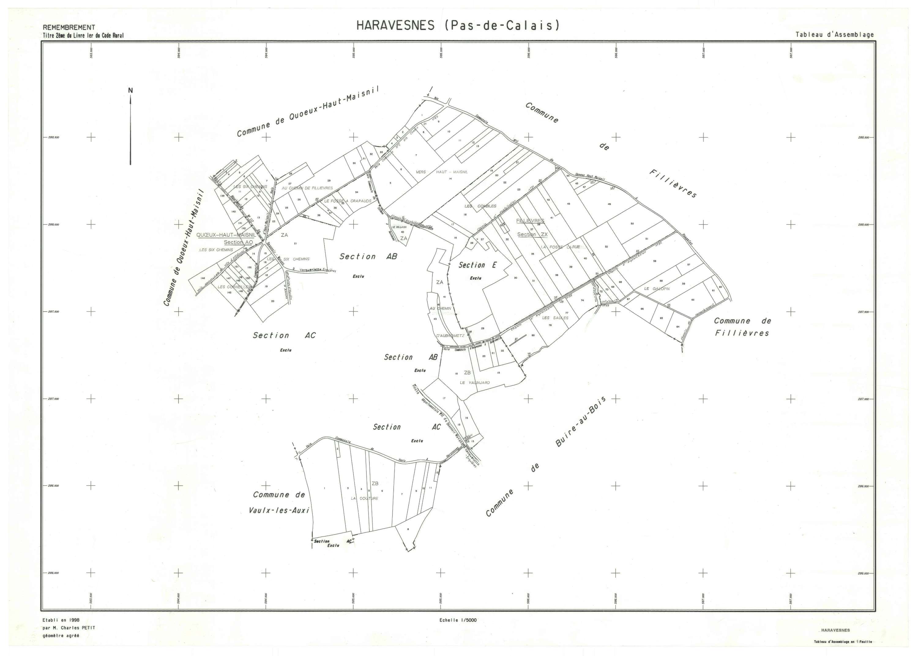 Haravesnes - Plan cadastral : tableau d'assemblage postérieur au remembrement.