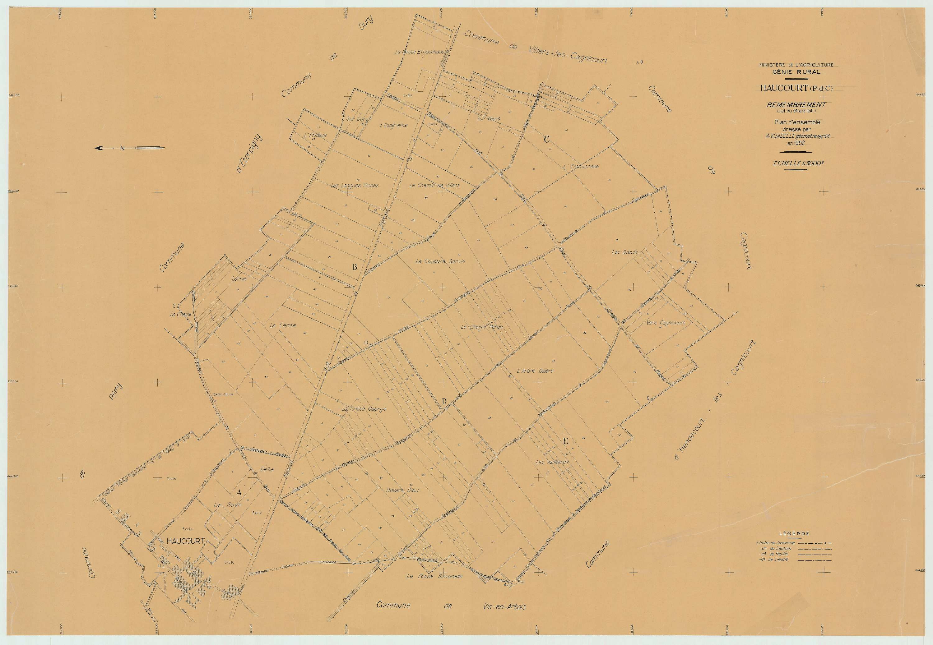 Haucourt - Plan cadastral : tableau d'assemblage postérieur au remembrement.