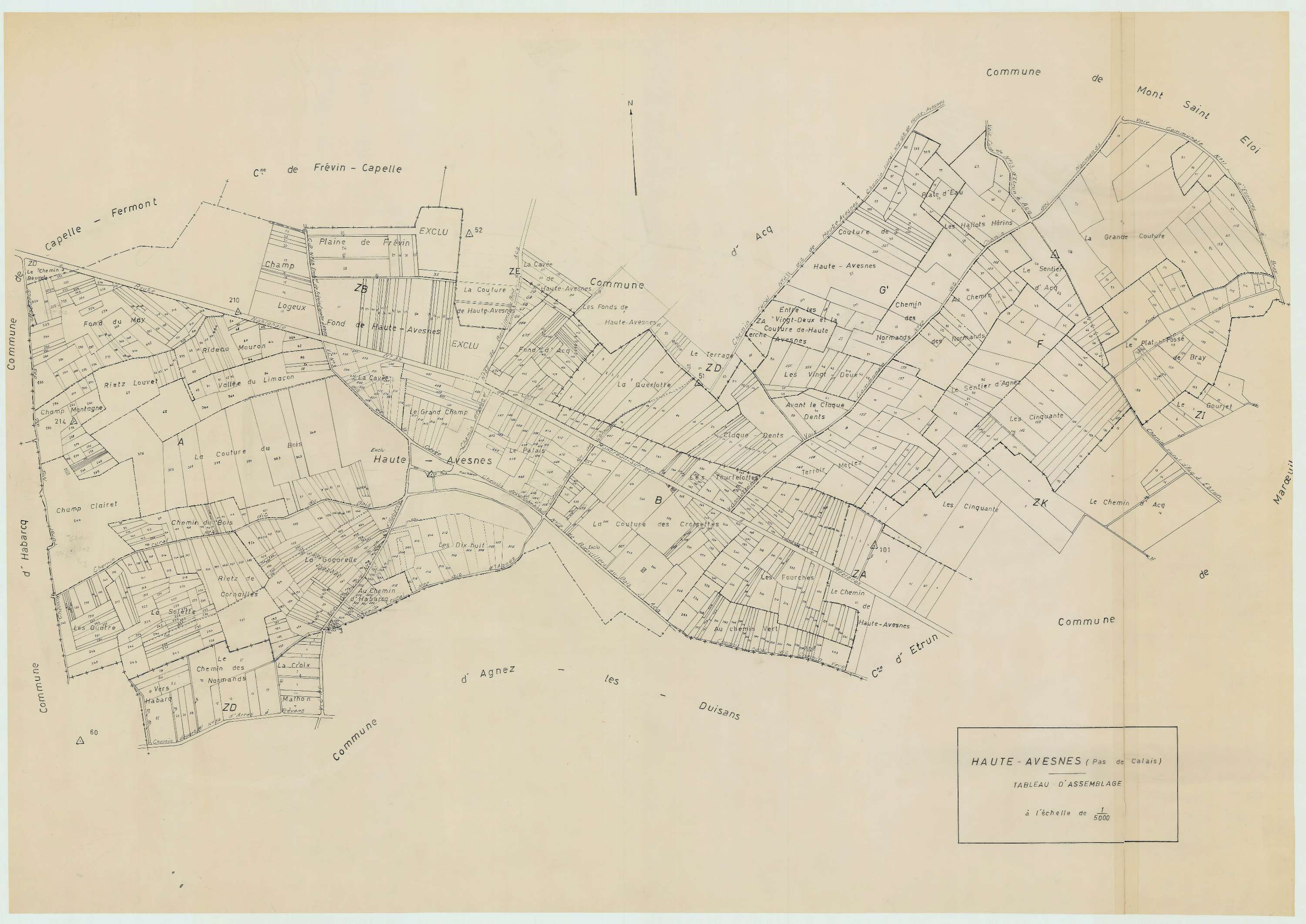 Haute-Avesnes - Plan cadastral : tableau d'assemblage postérieur au remembrement.