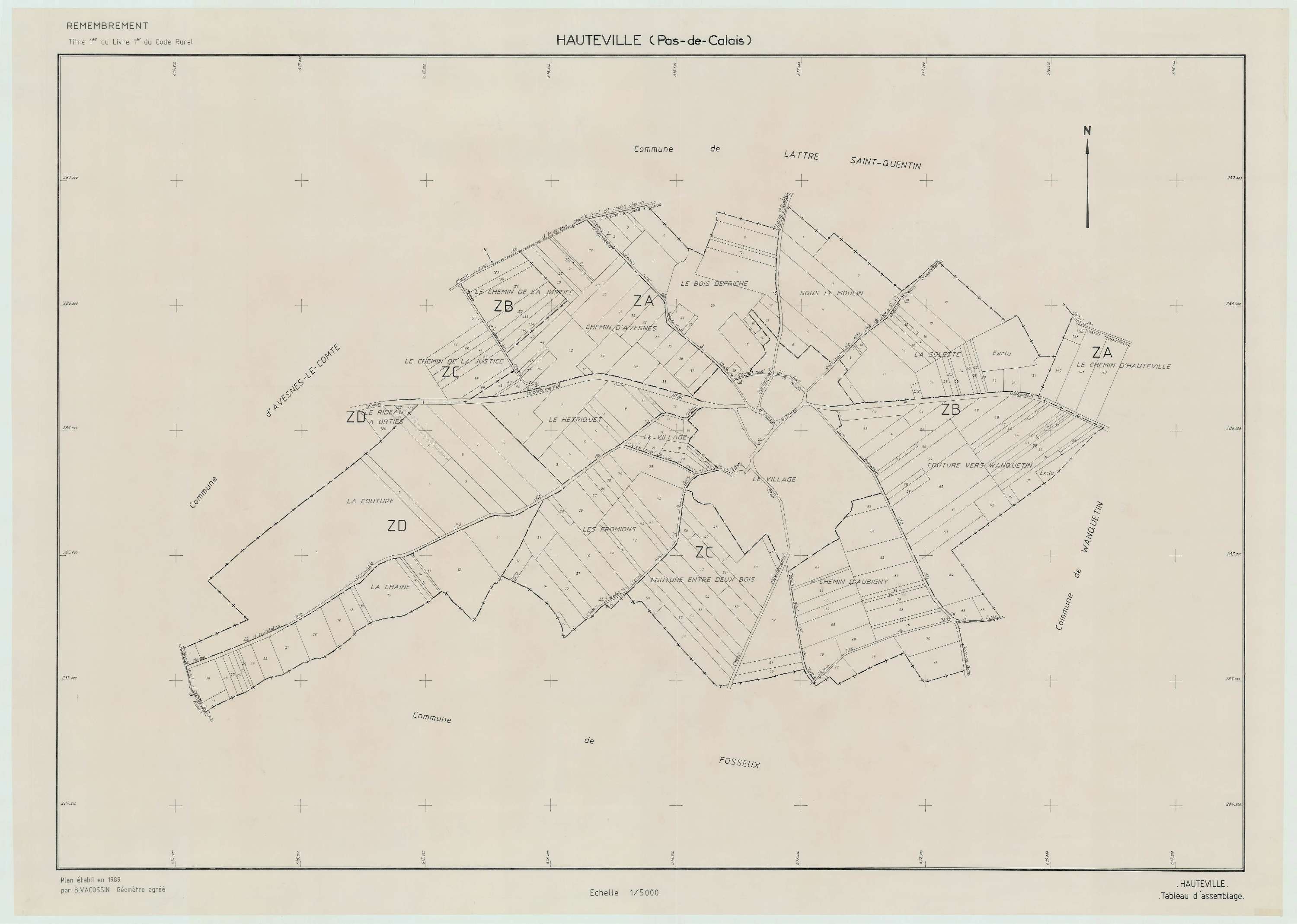 Hauteville - Plan cadastral : tableau d'assemblage postérieur au remembrement.