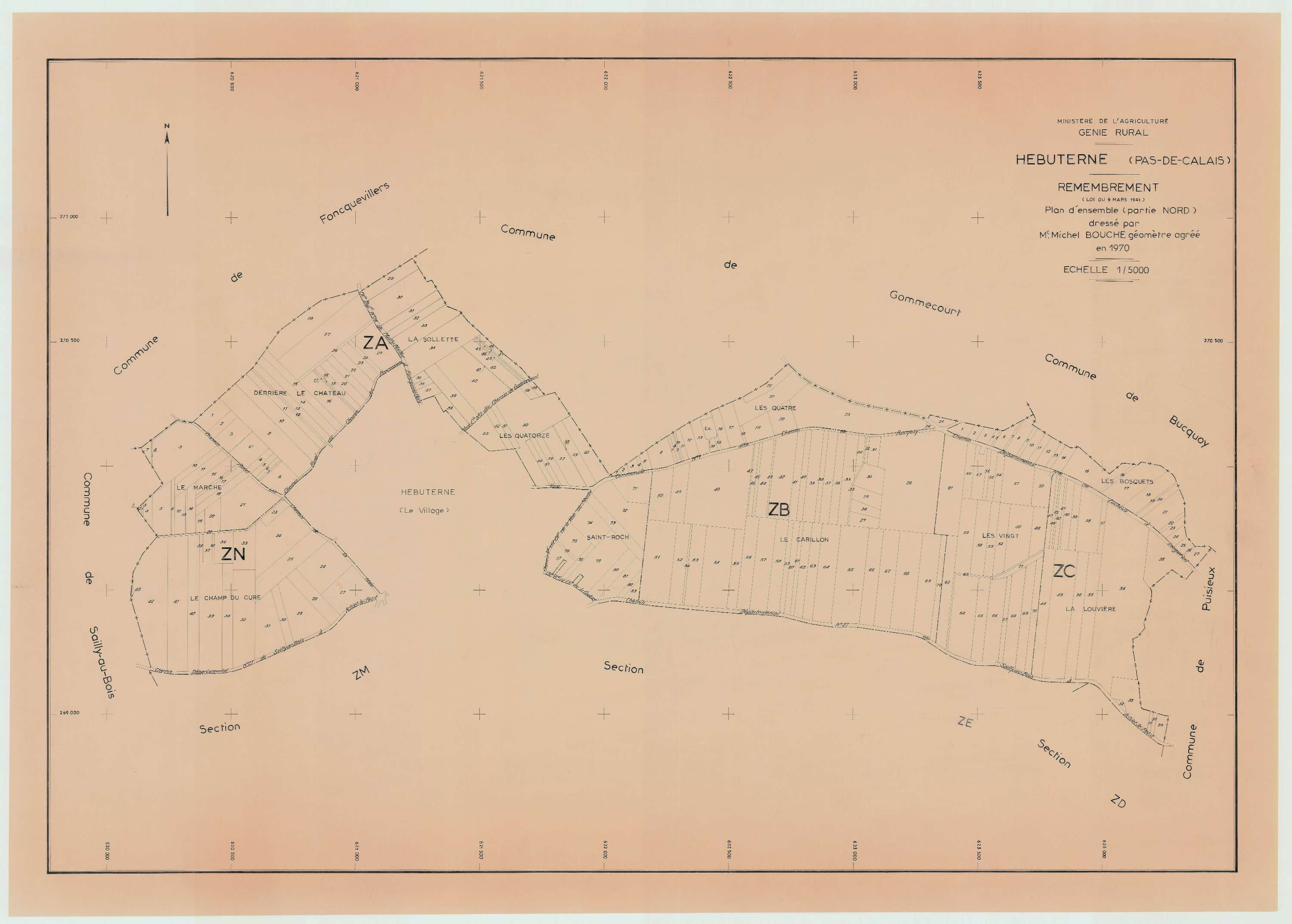 Hébuterne - Plan cadastral : tableau d'assemblage postérieur au remembrement.