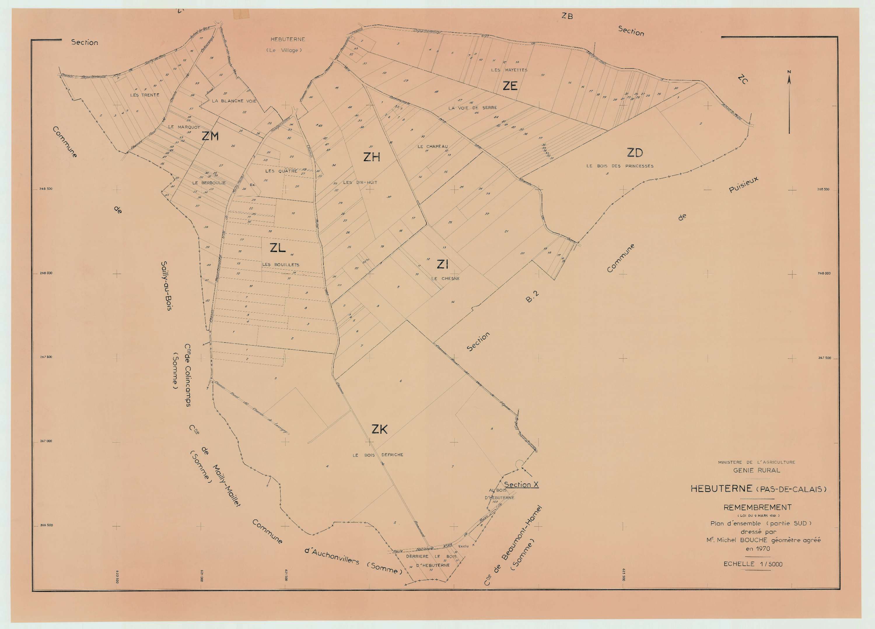 Hébuterne - Plan cadastral : tableau d'assemblage postérieur au remembrement.