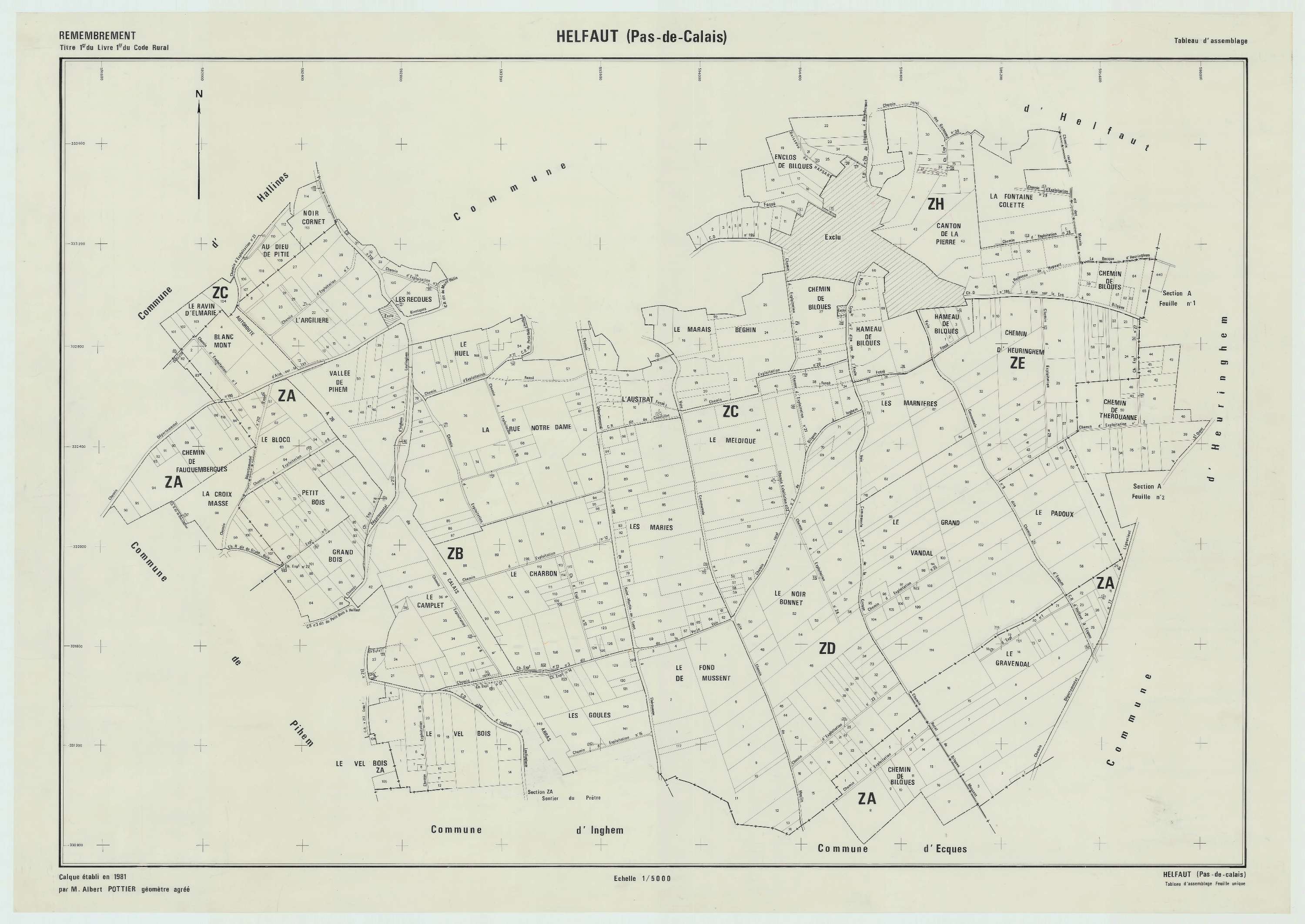 Helfaut - Plan cadastral : tableau d'assemblage postérieur au remembrement.