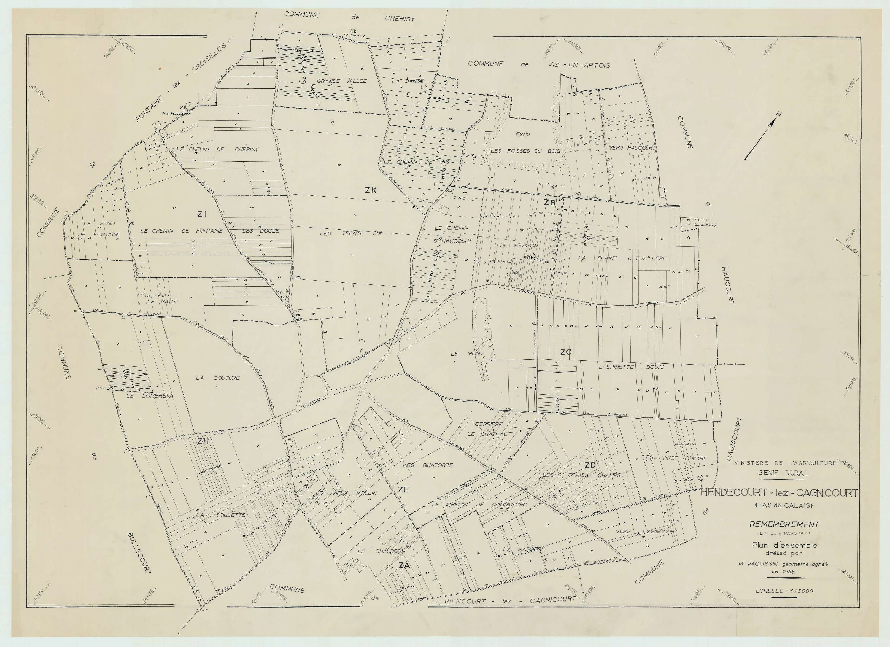 Hendecourt-lès-Cagnicourt - Plan cadastral : tableau d'assemblage postérieur au remembrement.