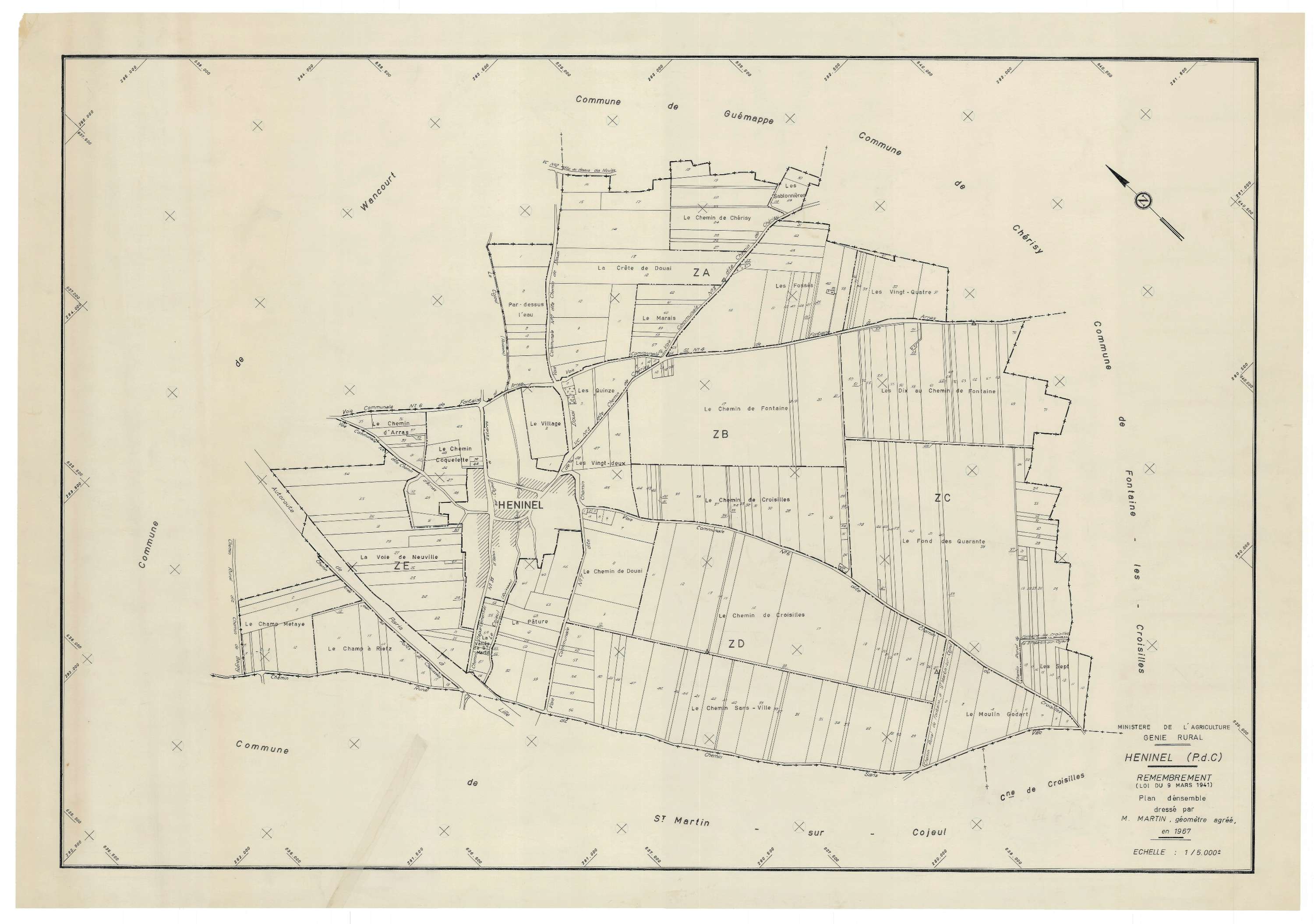 Héninel - Plan cadastral : tableau d'assemblage postérieur au remembrement.