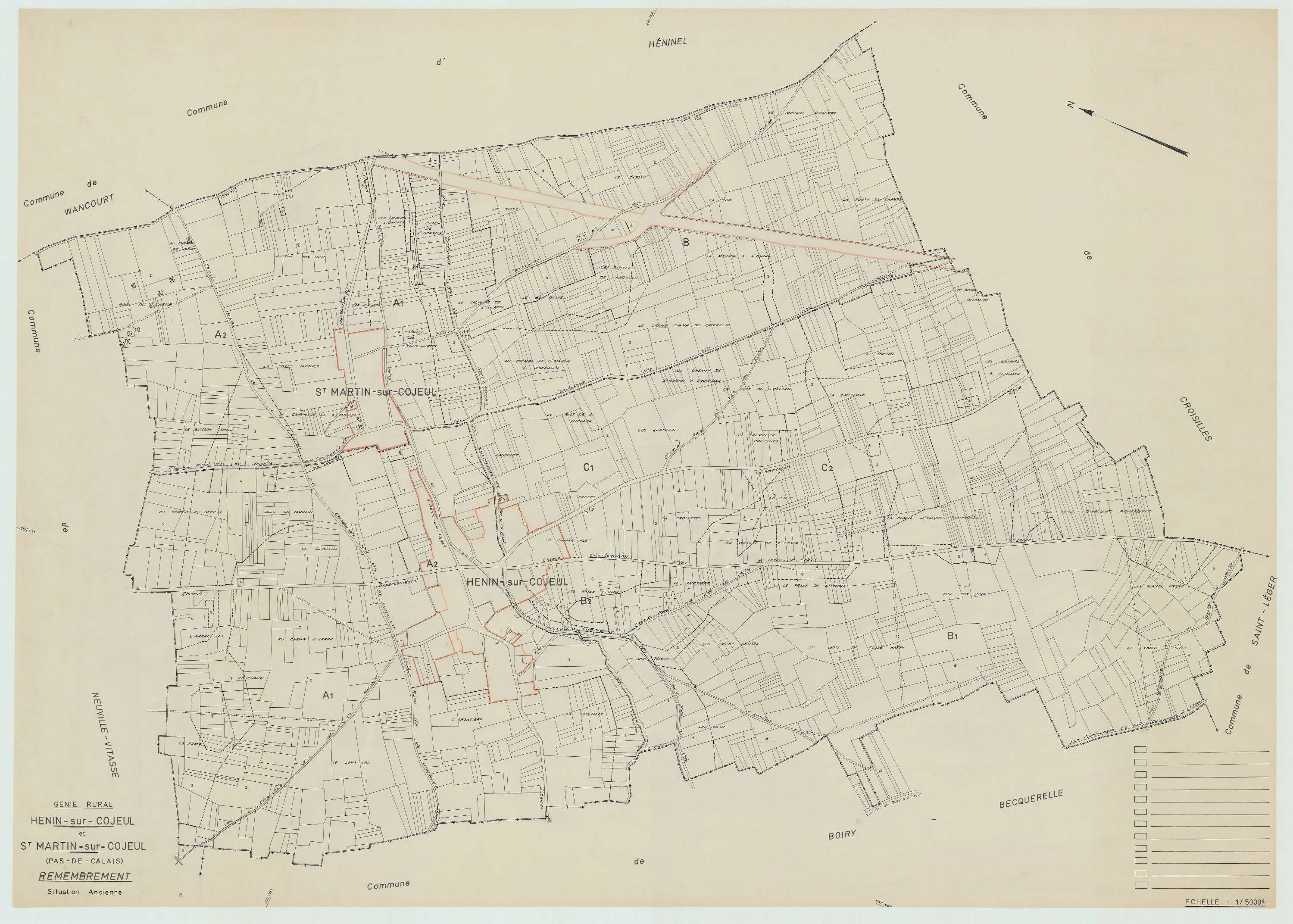 Hénin-sur-Cojeul - Plan cadastral : tableau d'assemblage postérieur au remembrement.