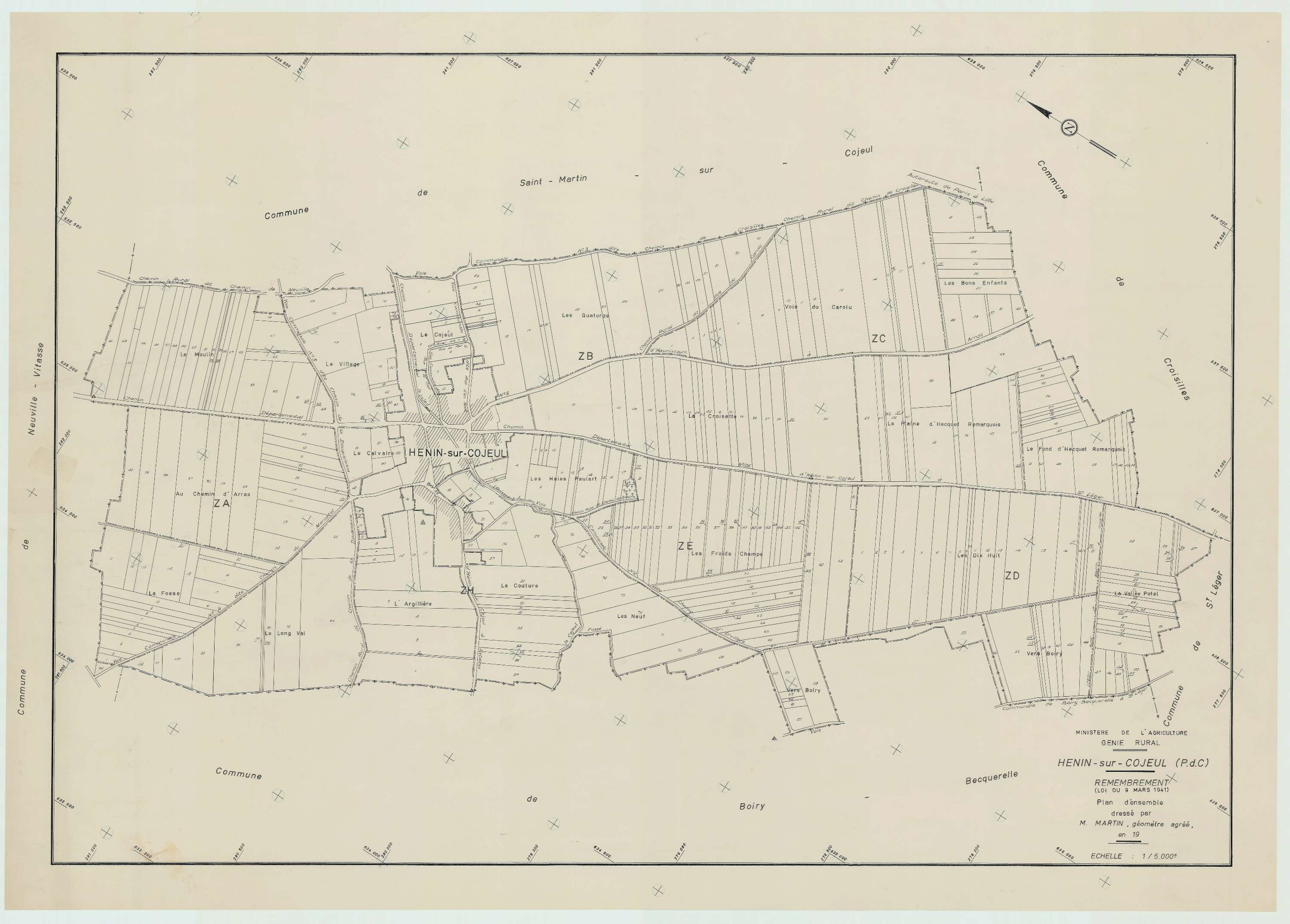 Hénin-sur-Cojeul - Plan cadastral : tableau d'assemblage postérieur au remembrement.