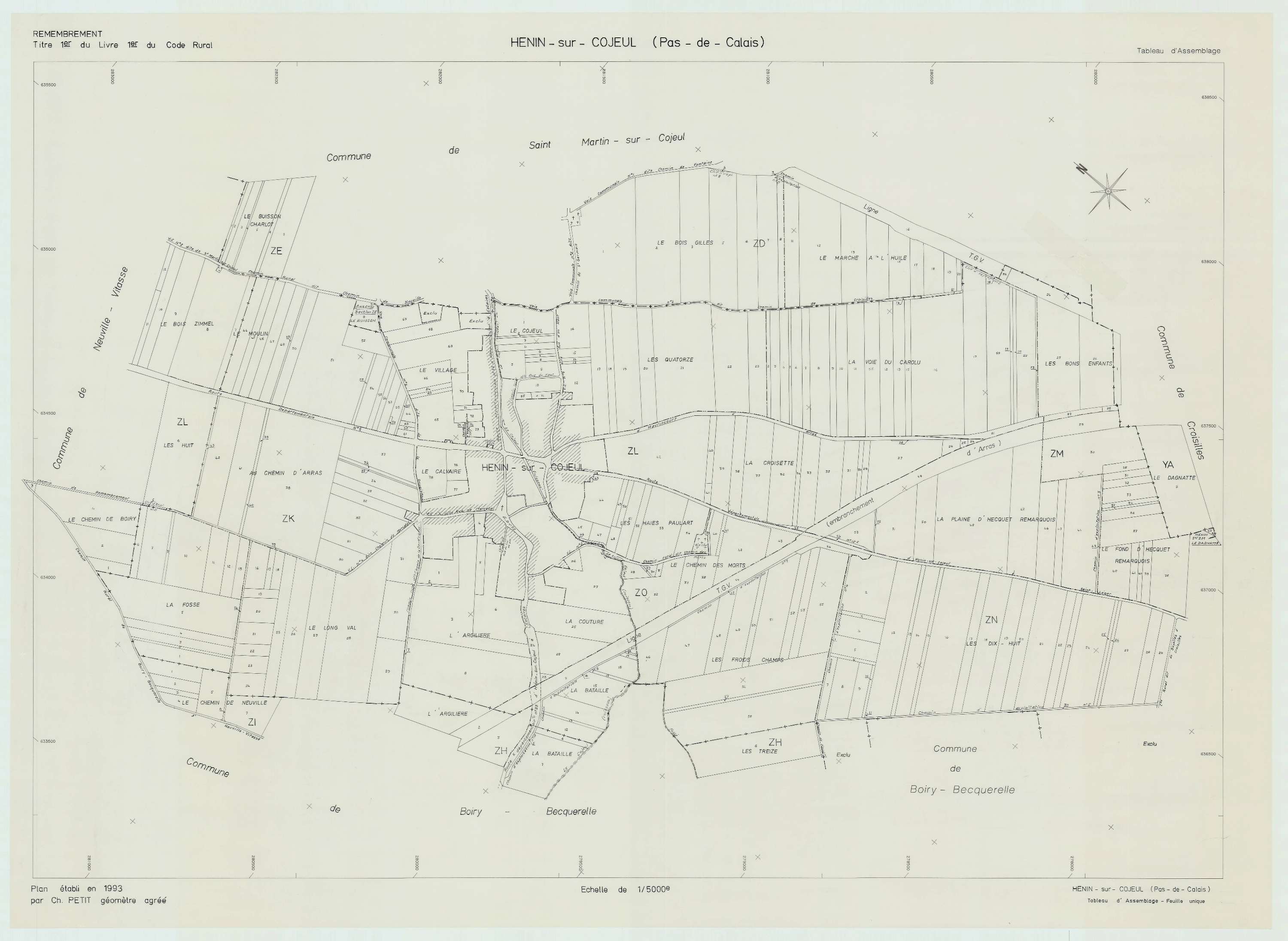 Hénin-sur-Cojeul - Plan cadastral : tableau d'assemblage postérieur au remembrement.