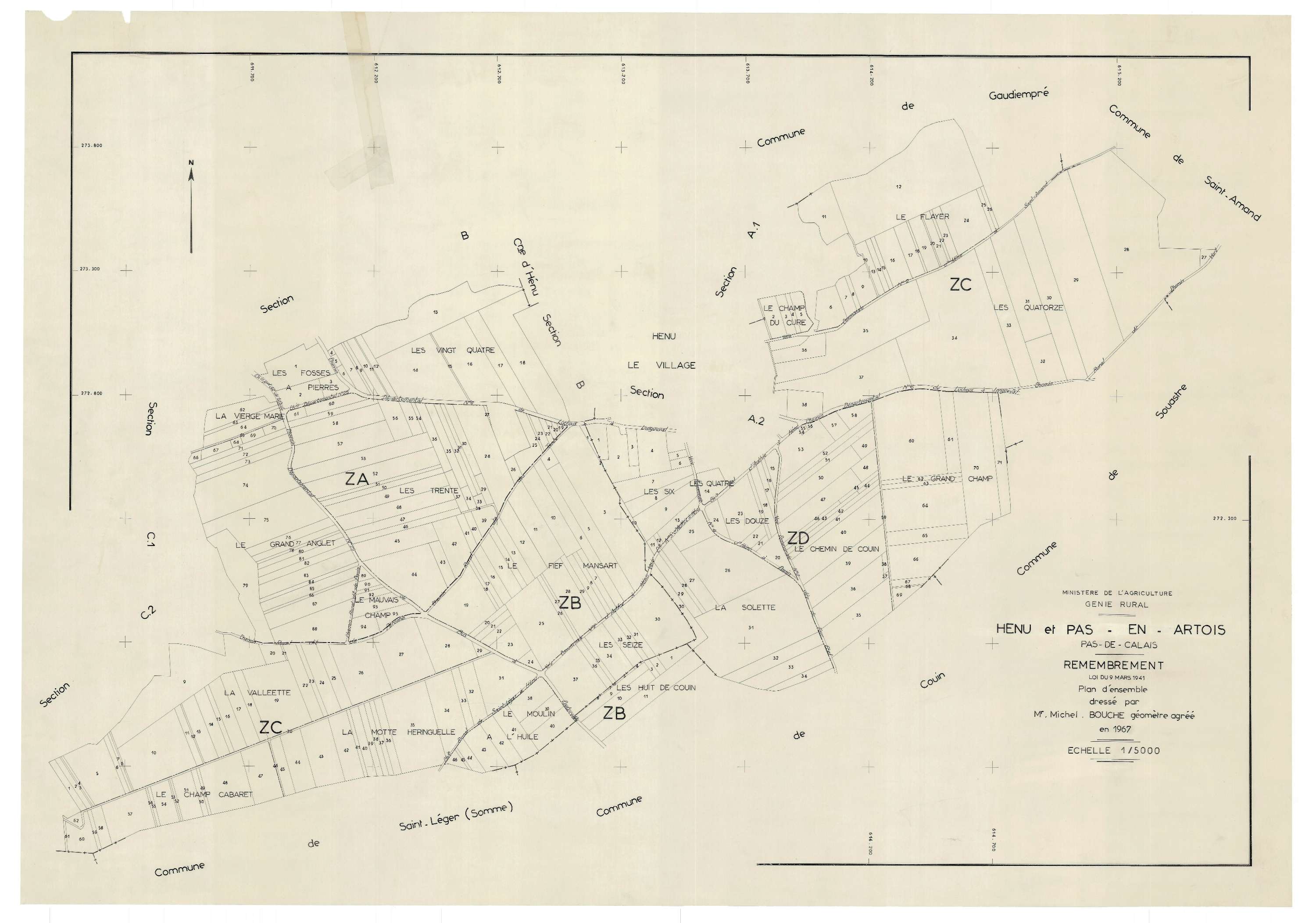 Hénu - Plan cadastral : tableau d'assemblage postérieur au remembrement.