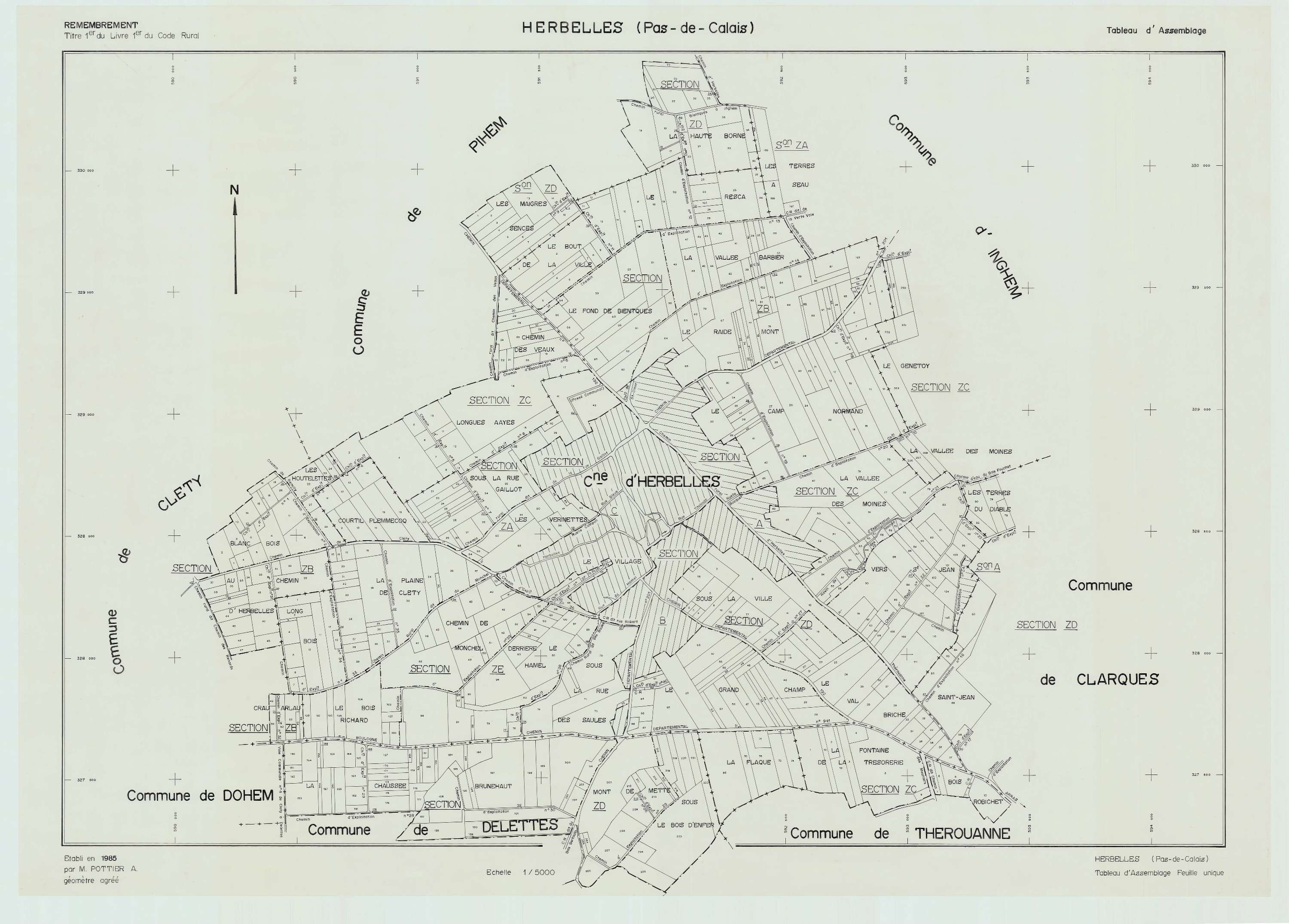 Herbelles - Plan cadastral : tableau d'assemblage postérieur au remembrement.