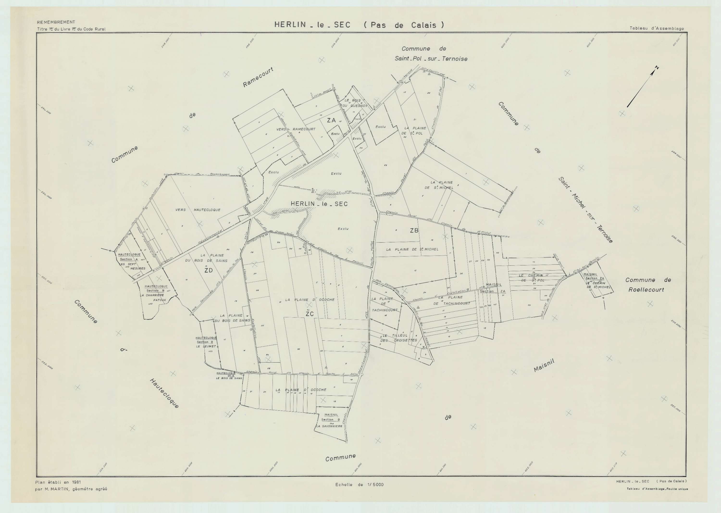 Herlin-le-Sec - Plan cadastral : tableau d'assemblage postérieur au remembrement.